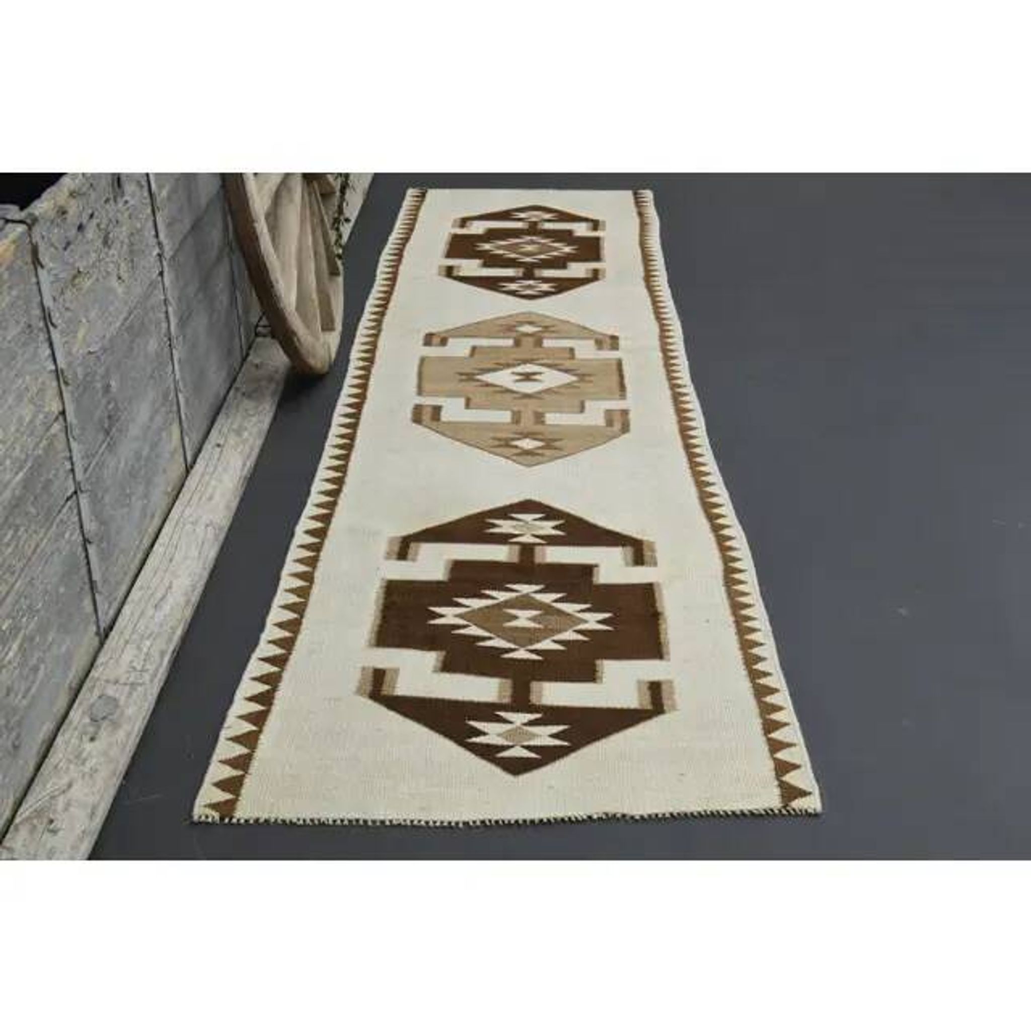 1970s Vintage Turkish Hand-Knotted Wool Cotton Beige Runner Rug 96x343
