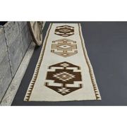 1970s Vintage Turkish Hand-Knotted Wool Cotton Beige Runner Rug 96x343