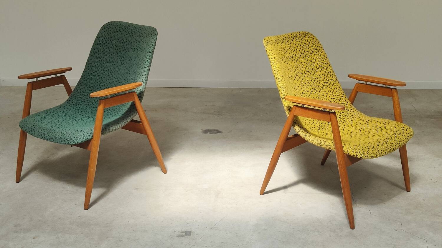 Pair of yellow and green resin and wood armchairs by Miroslav Navratil