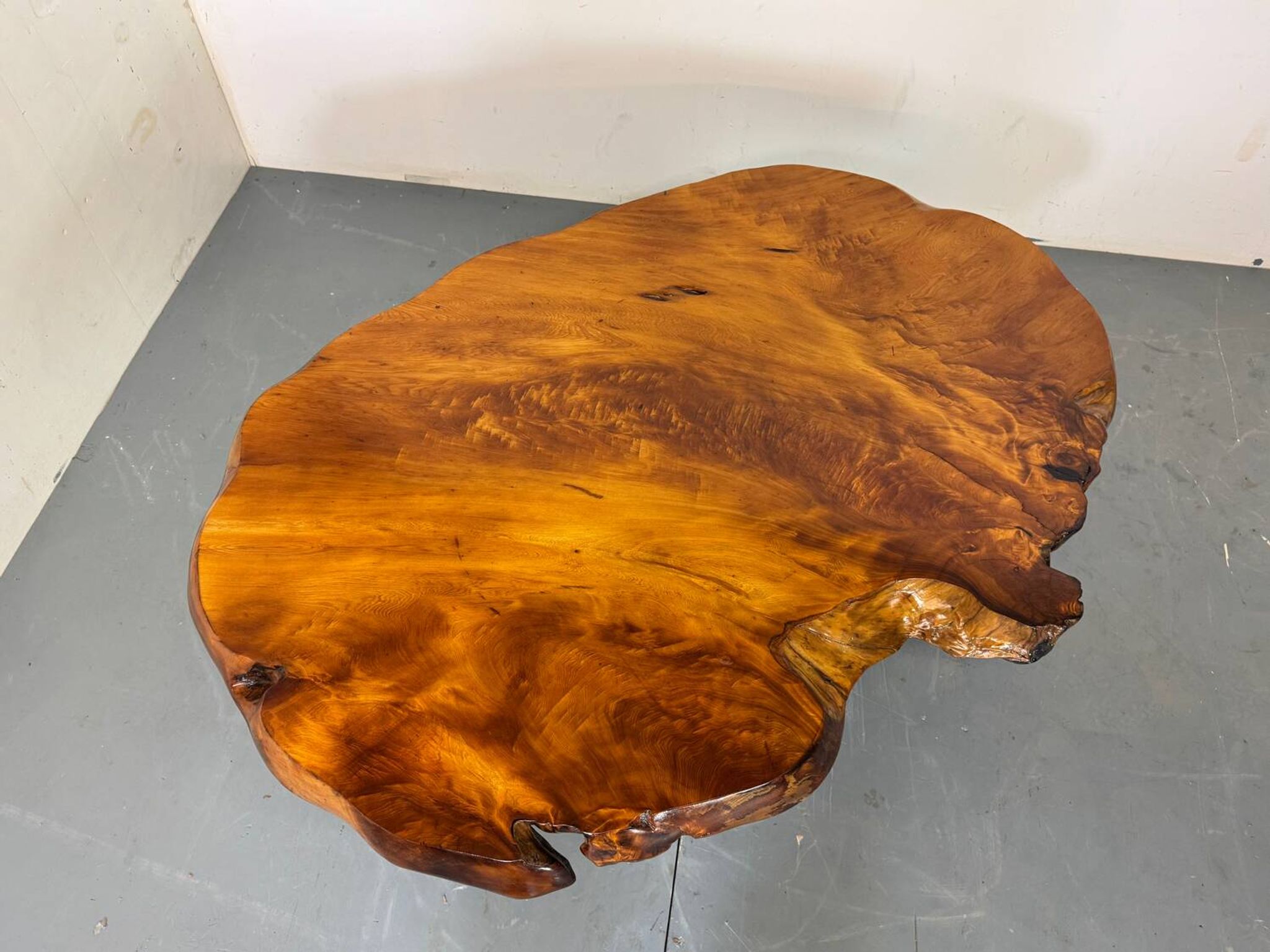 Brutalist Wabi Sabi mid-century coffee table made of natural biological burl wood.