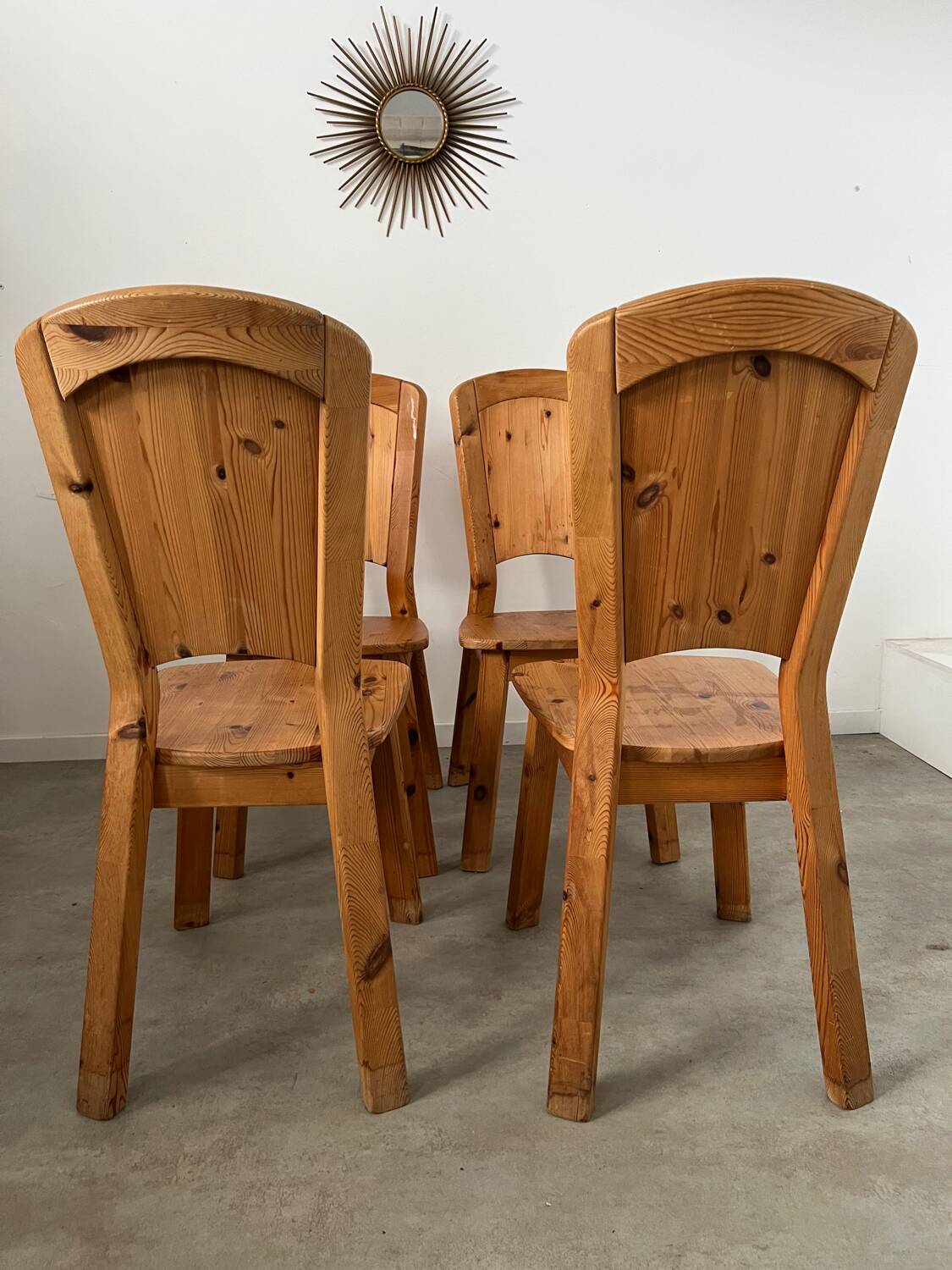 French design pine table and chair set from the 70s brutalist vintage arcs