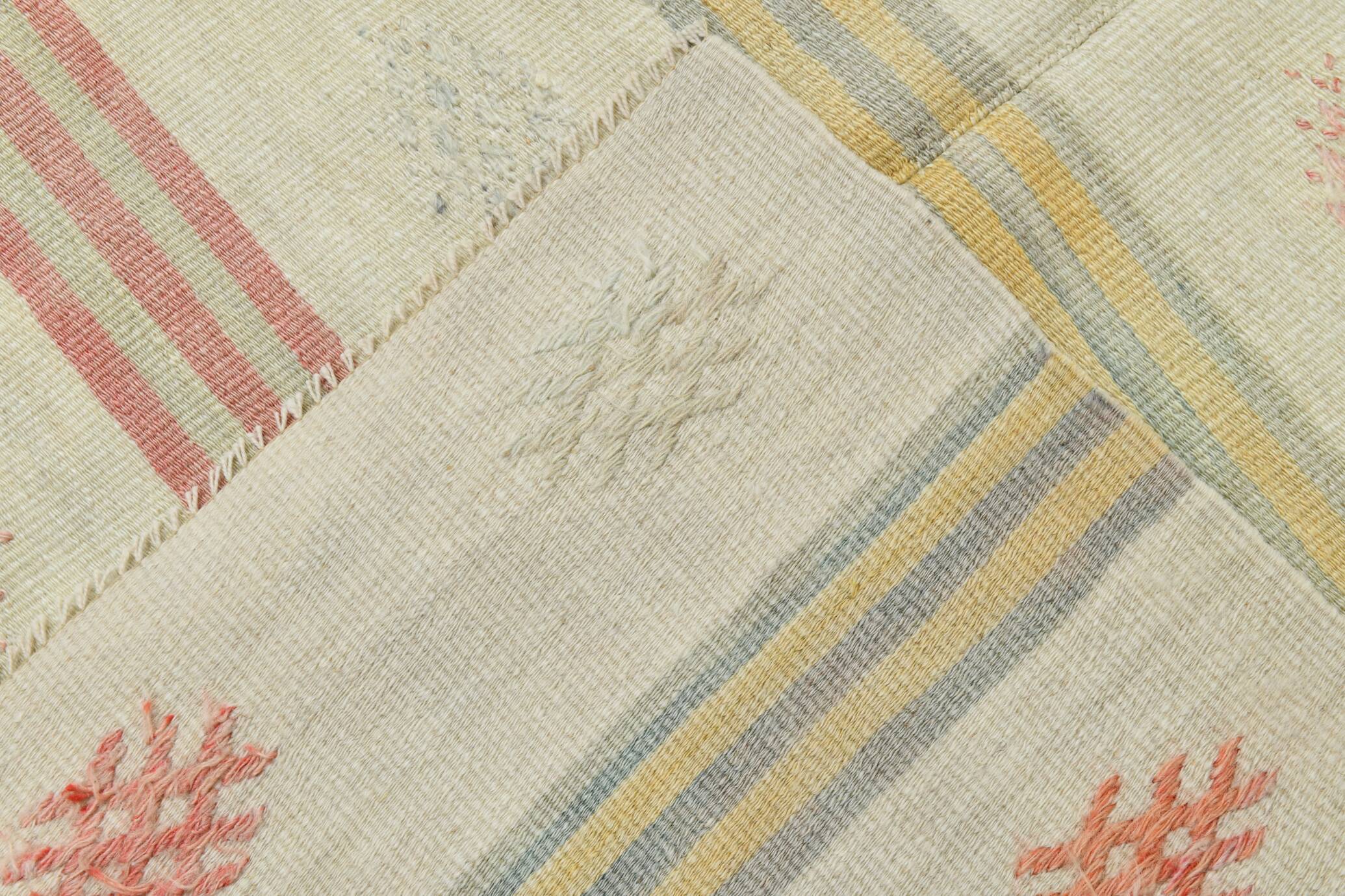 4x4 Cream Pale Red Square Vintage Kilim Rug, 136x142Cm