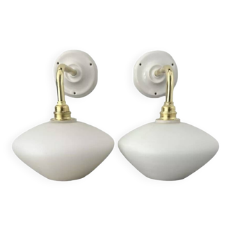 Set of two white opaline wall lights