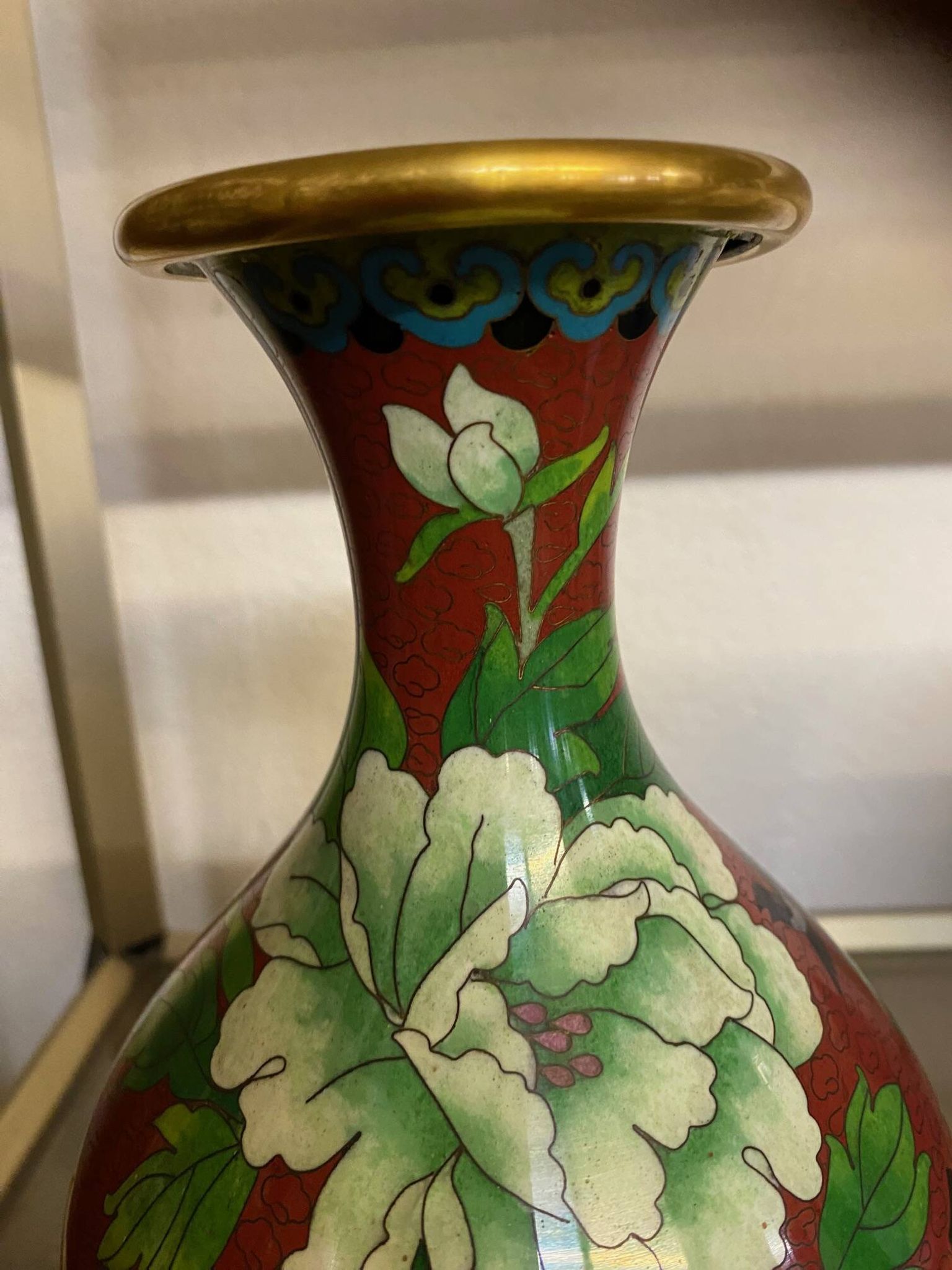 CLOISONNE VASE WITH LOTUS FLOWERS DECOR IN BURGUNDY TONES