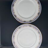 Limoges porcelain flat plates with blue border and small pink flowers