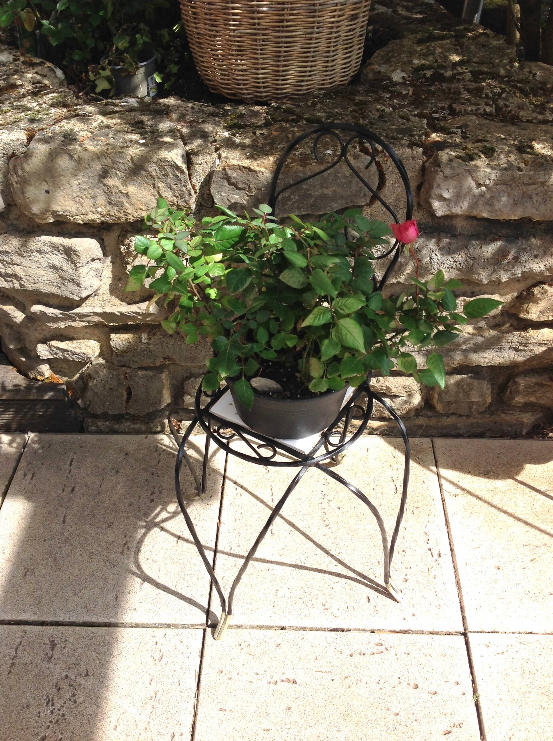 Plant holder "chair" in wrought iron and earthenware / vintage 60s-70s