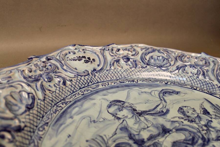 Large blue faience plate from Savona, Italy, 48 cm in diameter.