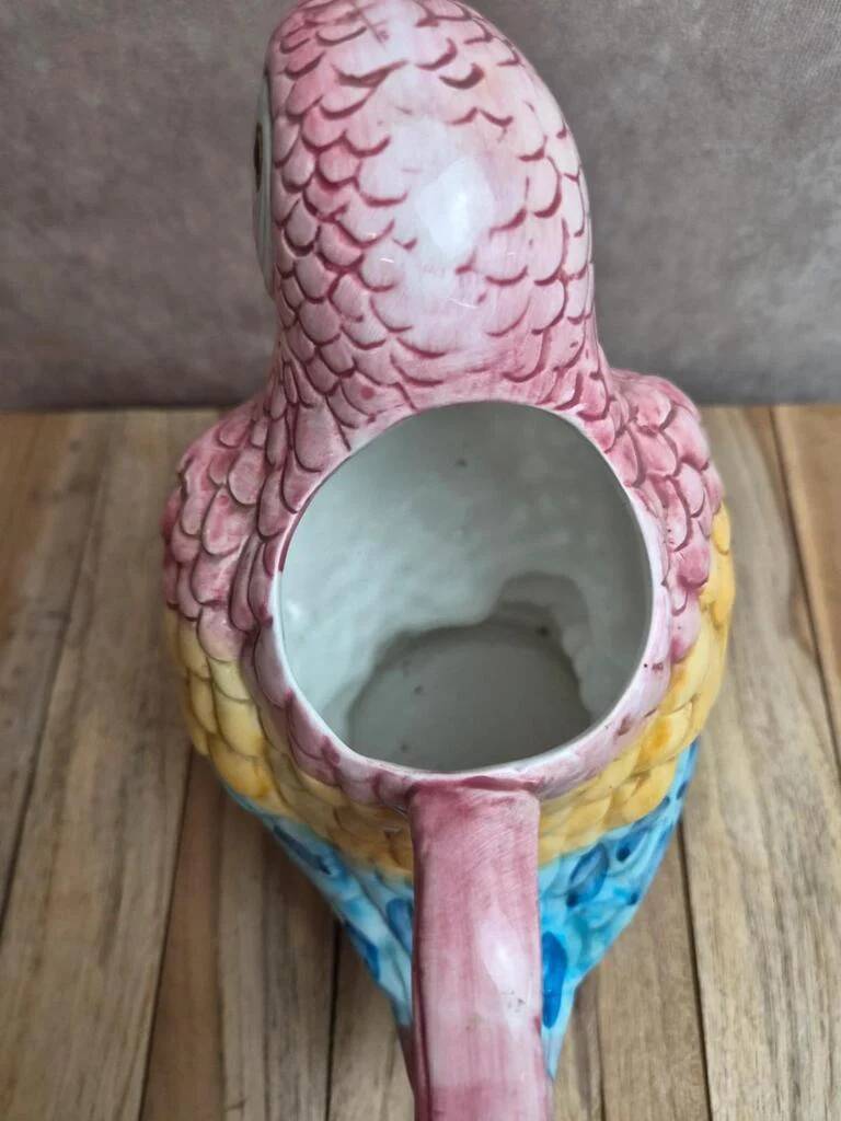 Multicoloured parrot jug in slipware – vintage earthenware