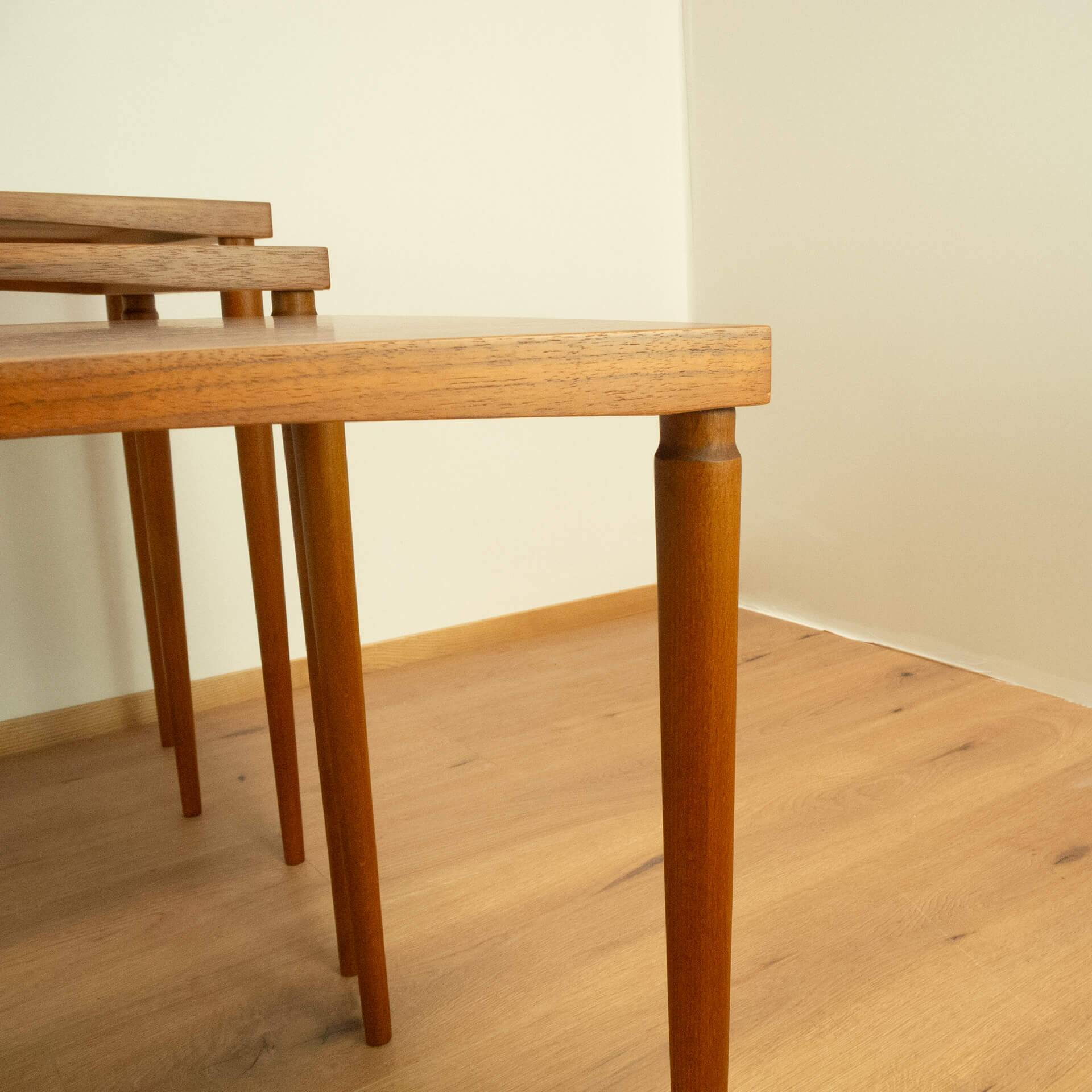 Set of 3 nesting tables, walnut with beech, vintage from the 60s
