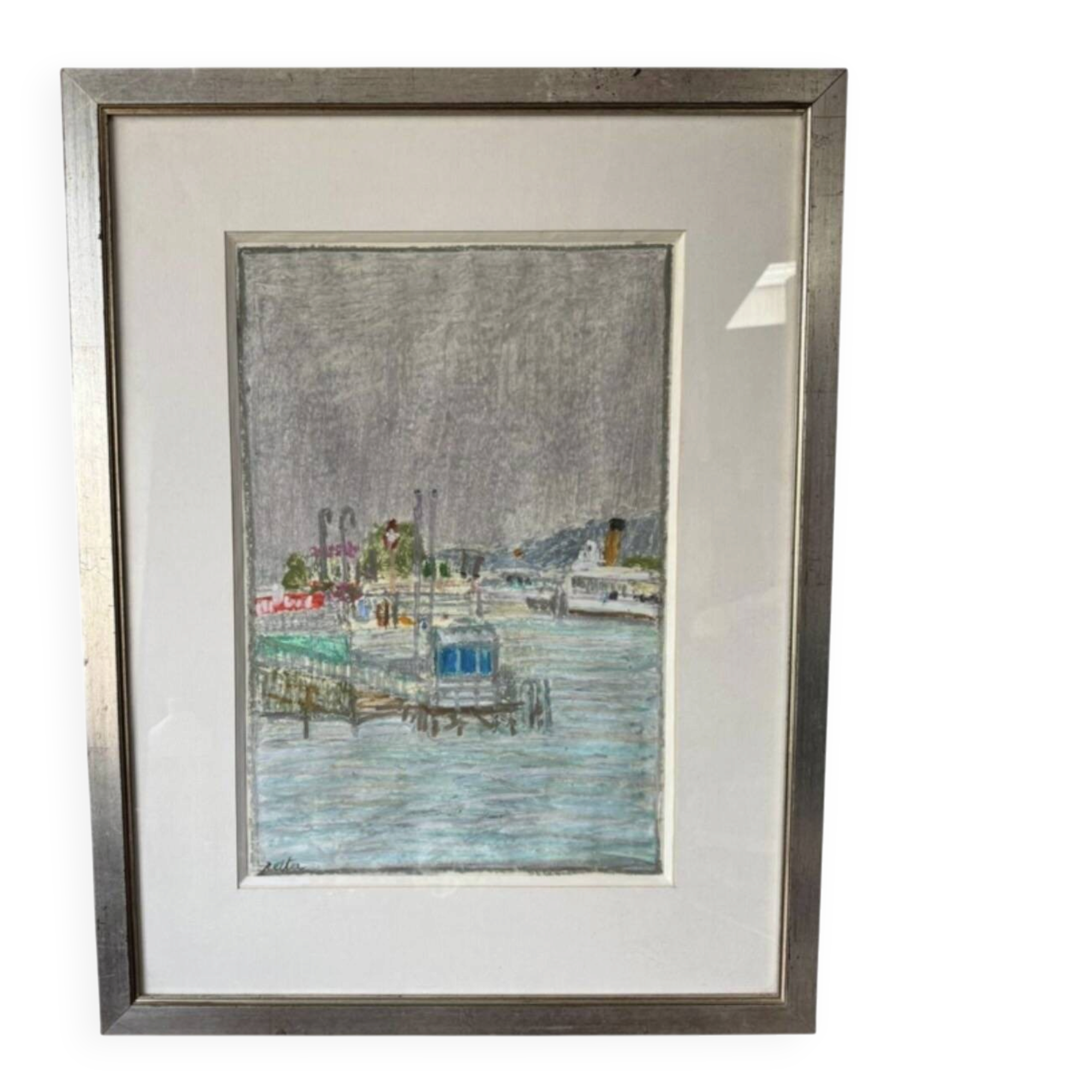 Tableau Marine. Original pastel signed by Henri Reiter. Port Normandie.