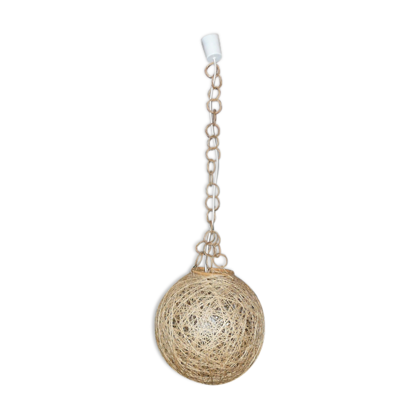 Scandinavian rope suspension, rattan and straw ball, 60's