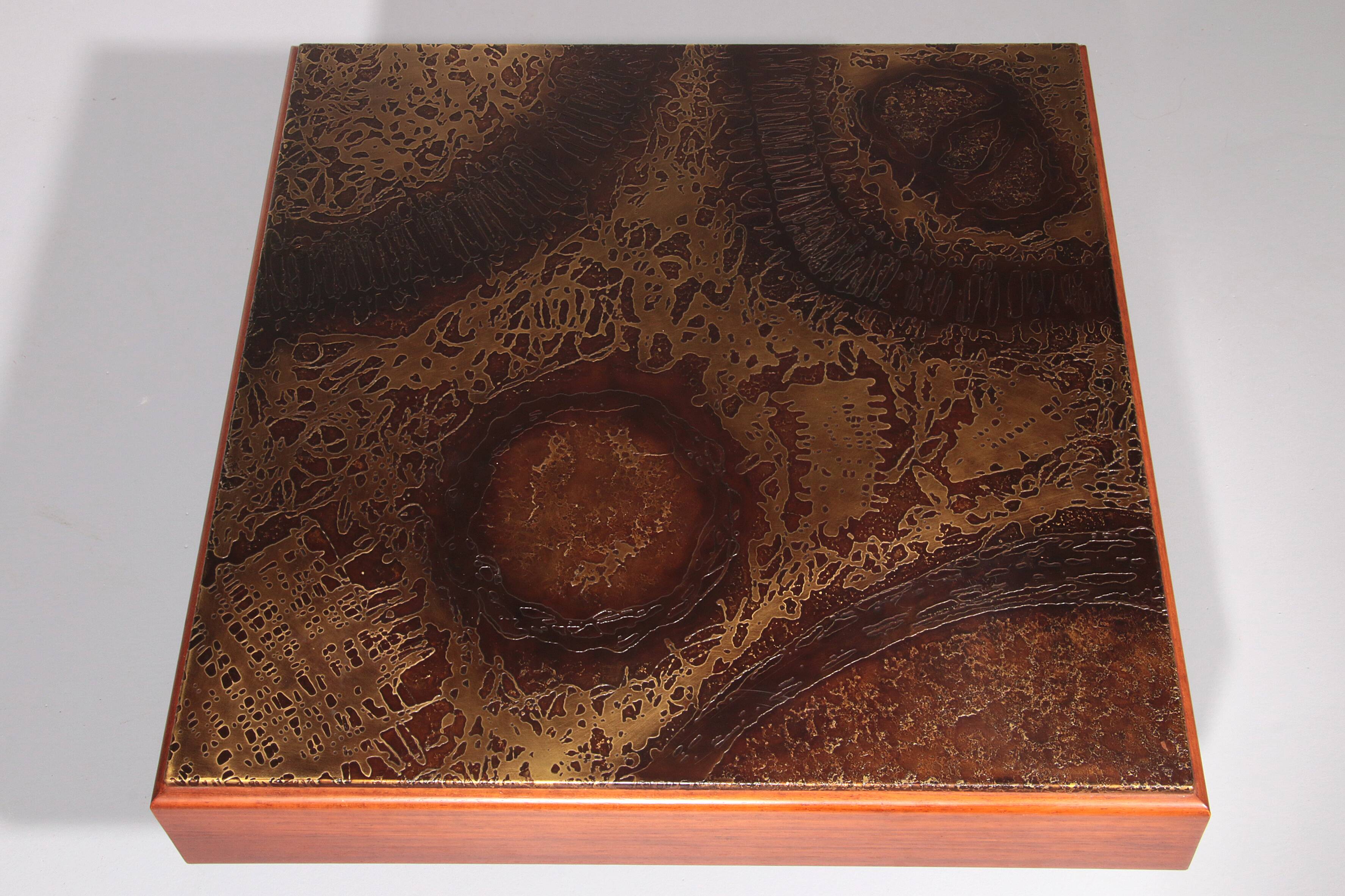 Brutalist Coffee Table with Copper Top and Wooden Base 1970