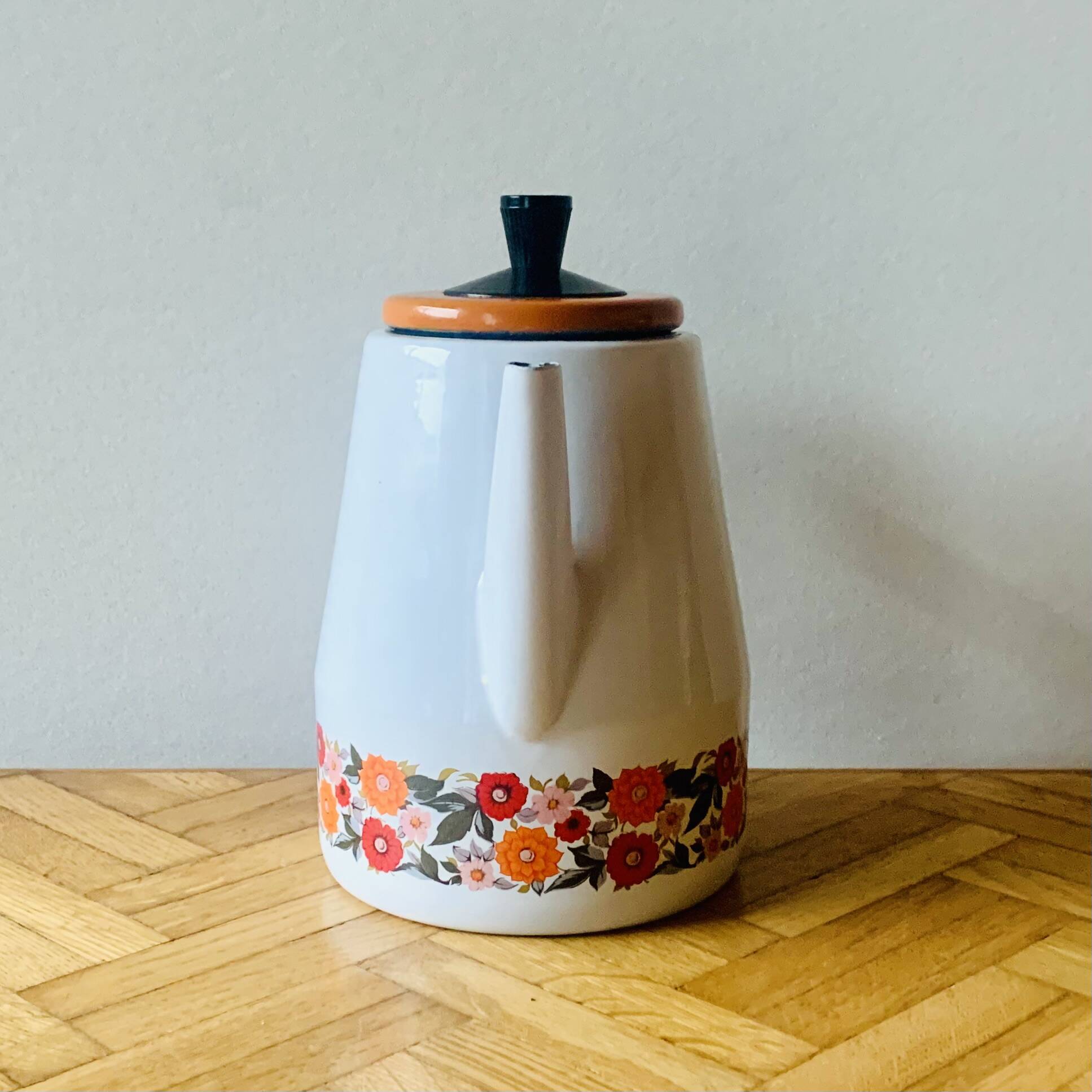 Vintage enameled metal coffee maker - floral decor