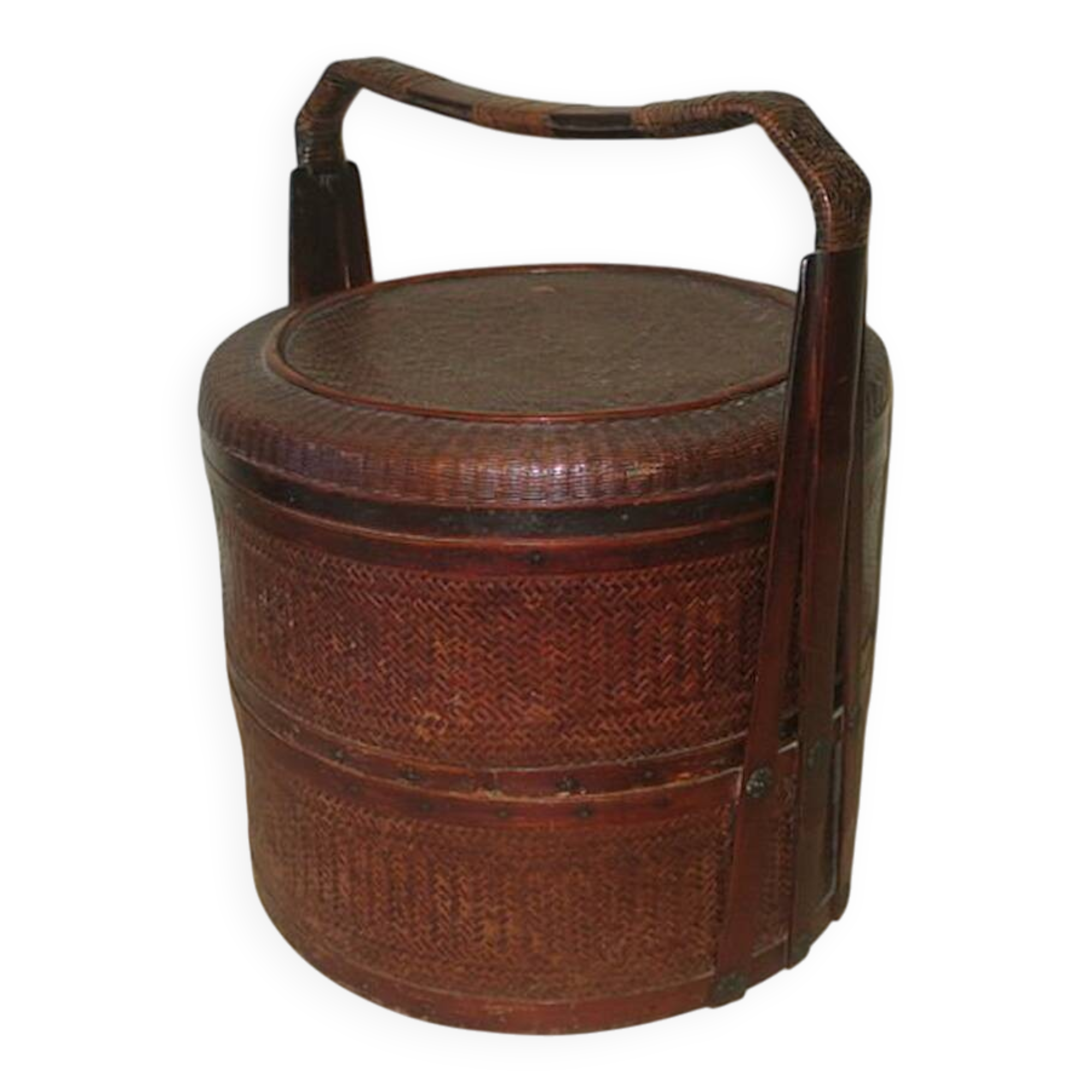 Antique basket in wood and rattan with 3 sections, 1900