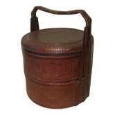 Panier ancien en bois et rotin à 3 sections, 1900