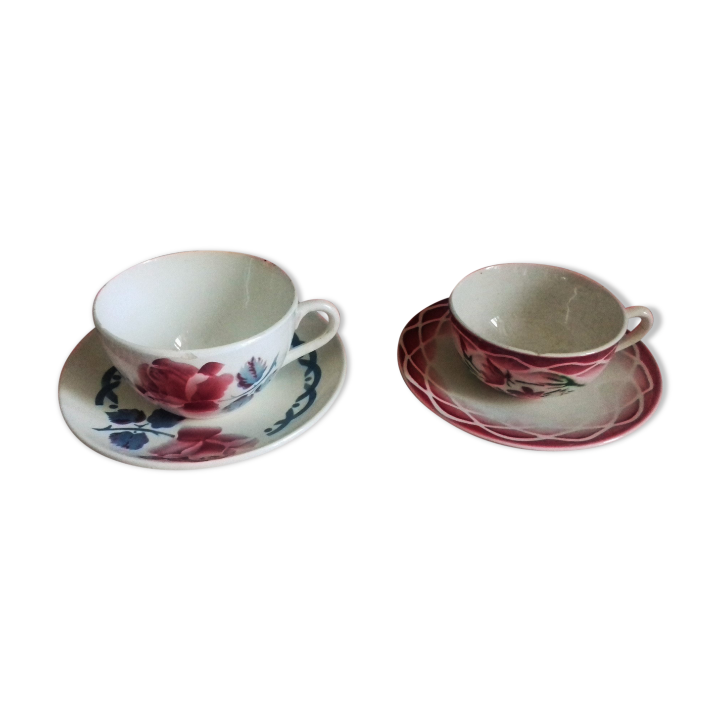 Duo cups and saucers Digoin Sarreguemines, Cannes and Aude model