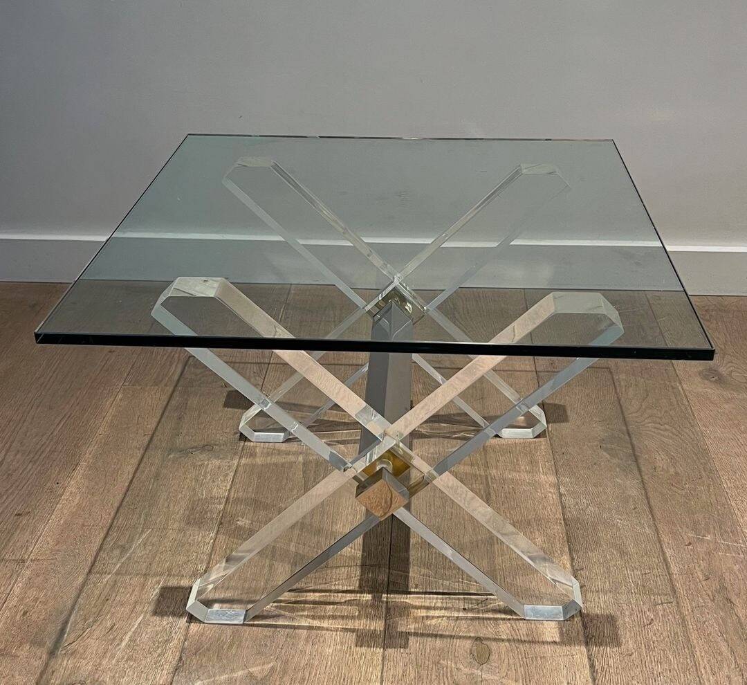 Pair of Plexiglass and Chrome Side Tables with X-shaped Legs, Work