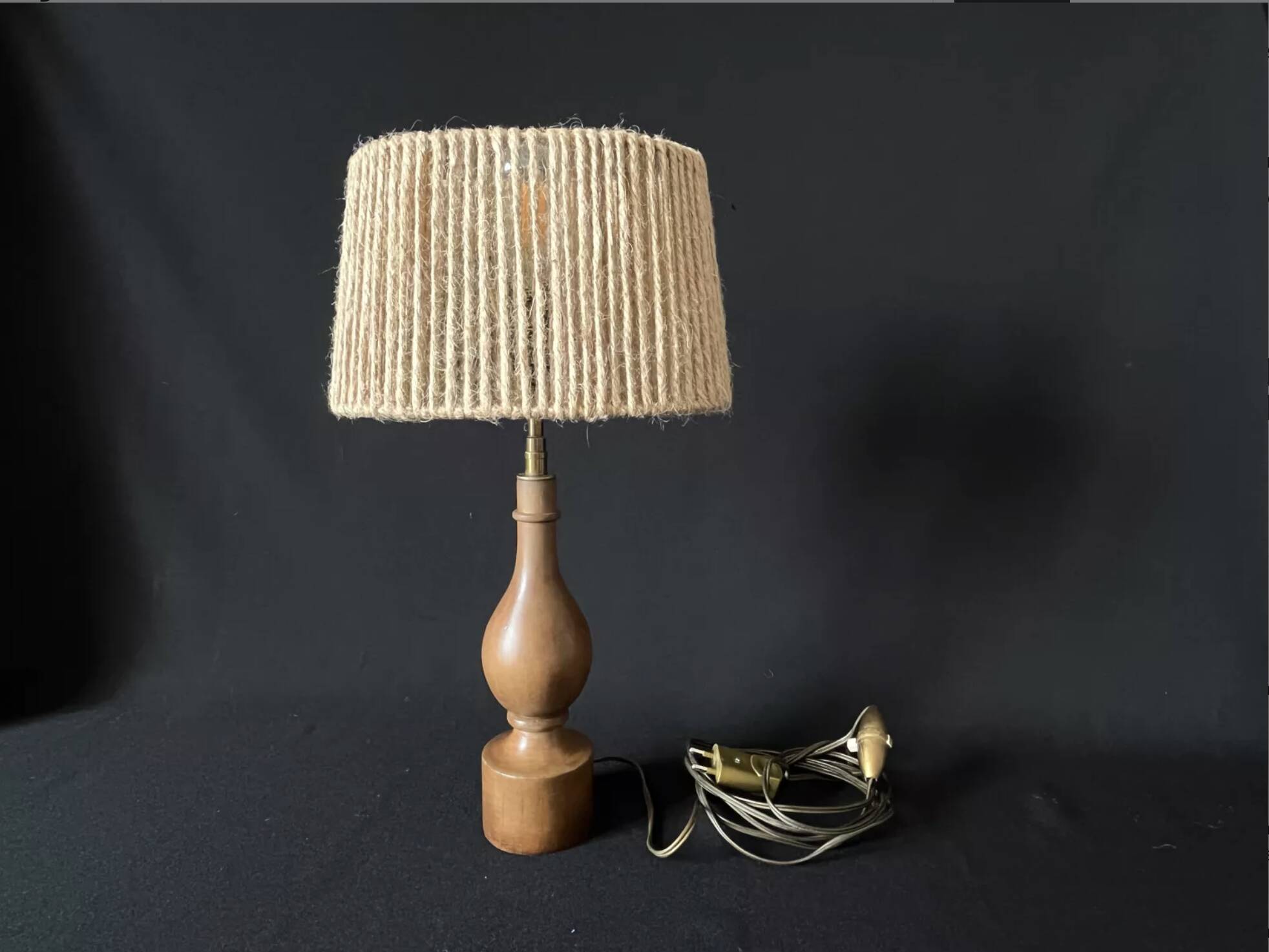 Philippe Capelle vintage 1970s table lamp in turned wood with rope shade