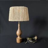 Philippe Capelle vintage 1970s table lamp in turned wood with rope shade