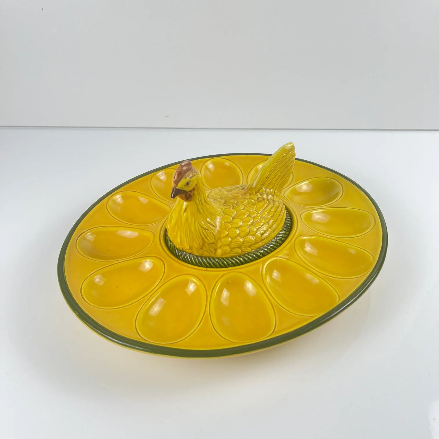 Ceramic yellow egg plate/display with hen, 20th century