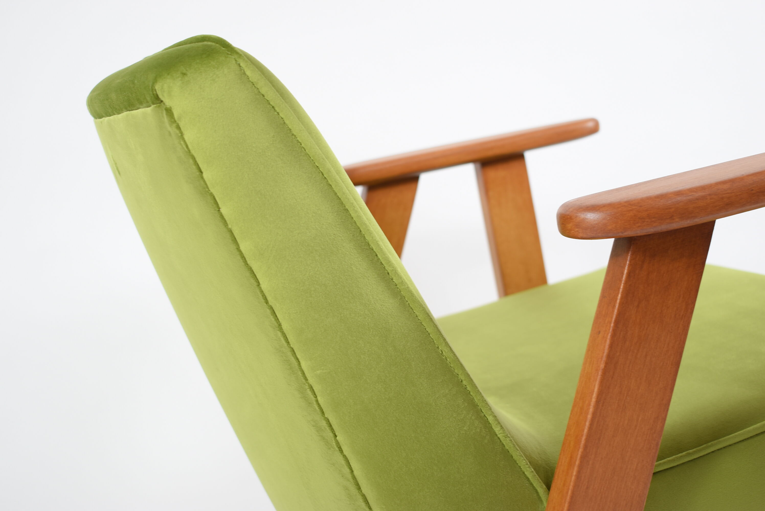 Vintage restored armchair, model 366, designer J. Chierowski, olive velvet
