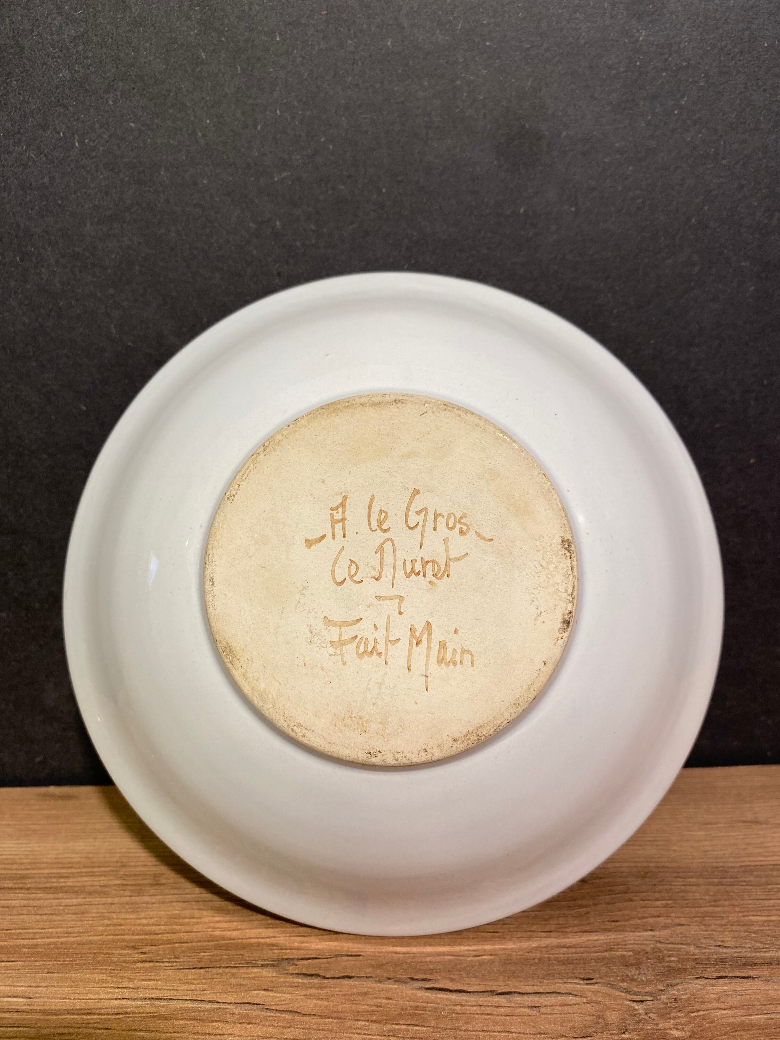 Bowl, hollow plate, earthenware cup decoration moustiers signed A. Le Gros Le Muret