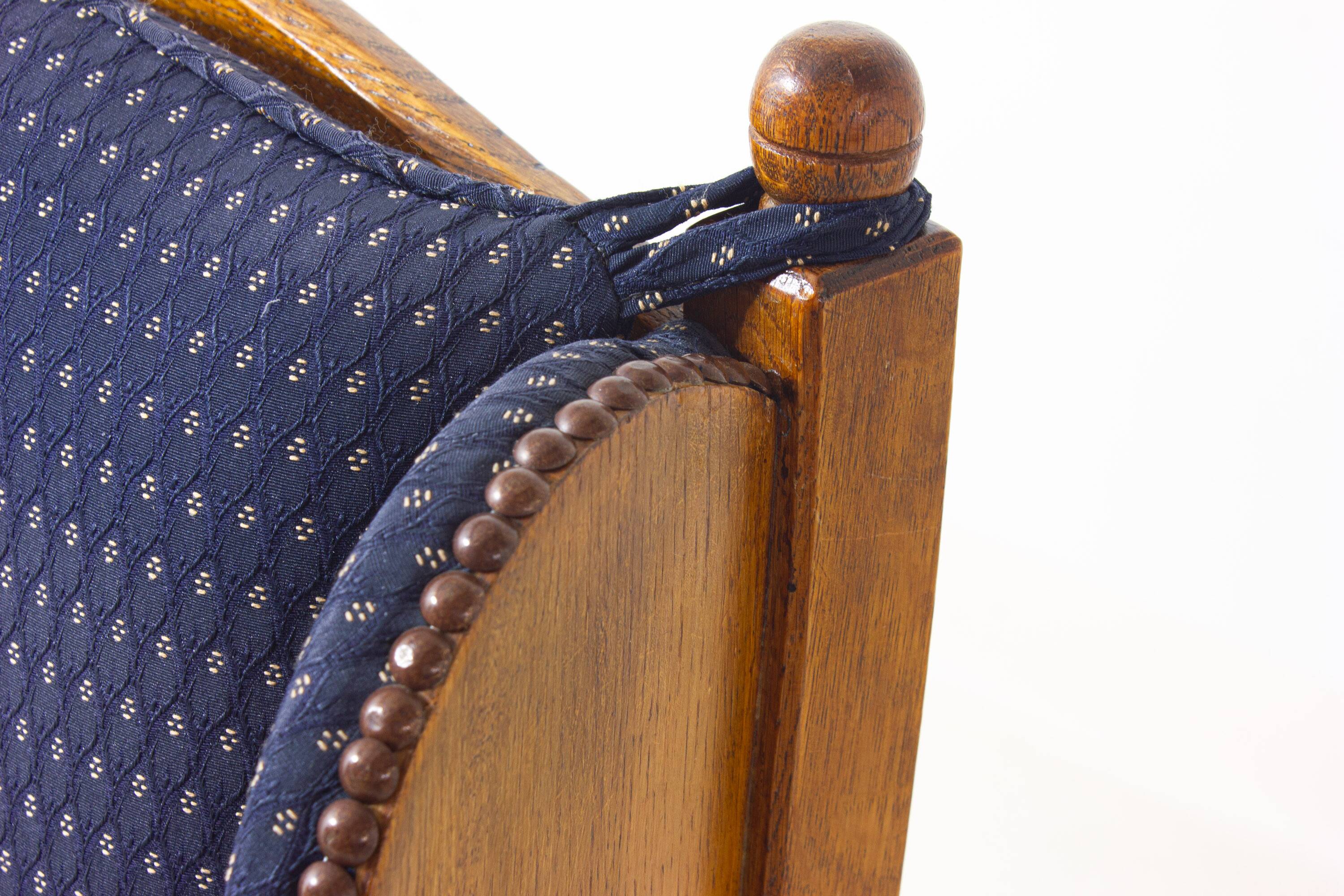 French lounge chair in oak and blue fabric, 1960s
