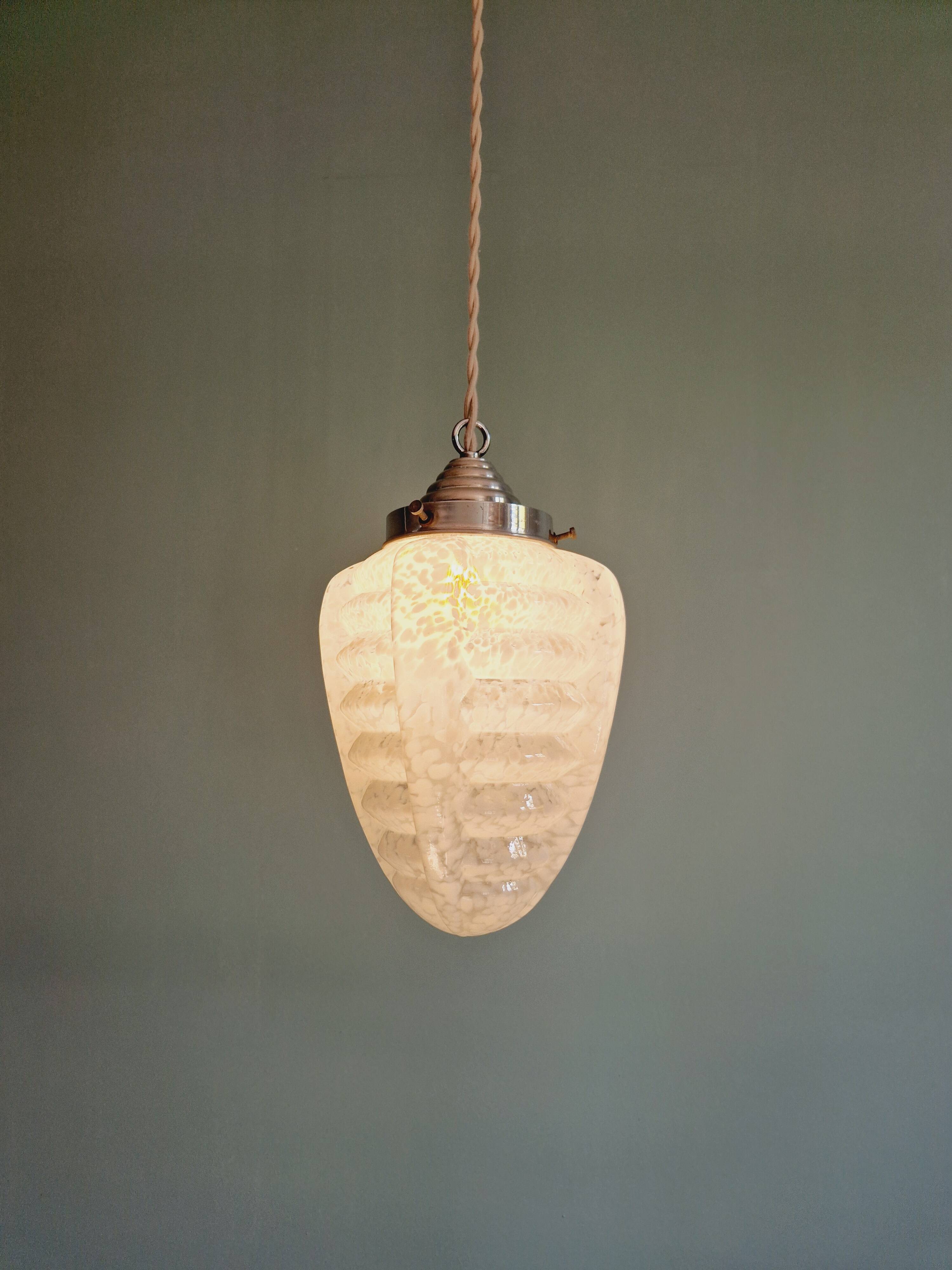 Art Deco pendant light in white speckled glass, 1920s-30s