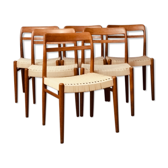 Lot 6 chaises de salle à manger scandinaves en teck avec cordon de papier de couleur naturelle de Norvège