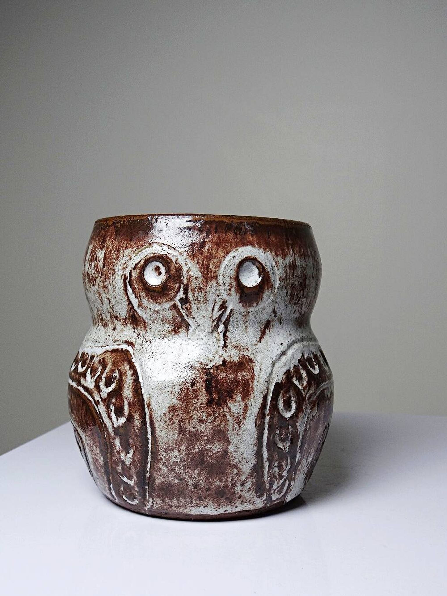 Vintage owl pot in glazed stoneware by Alain Granet, Vallauris 1960s-1970s.