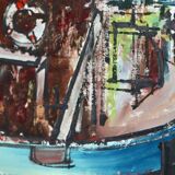 Huile sur toile originale suédoise du milieu du siècle « Marina » de Steu (1971) - Encadrée