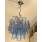 Contemporary sky-blue “tronchi” murano glass chandelier in venini style