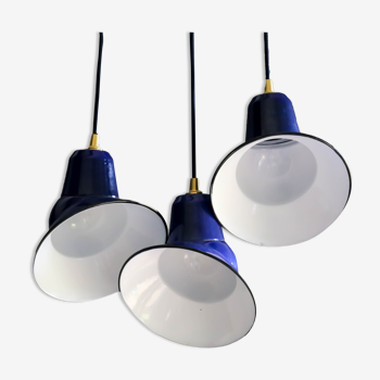 Set of 3 industrial suspensions in blue and white enamelled sheet - delivered with cable