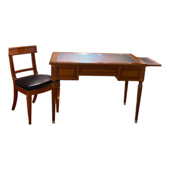 Louis XVI style desk black leather top and matching leather chair