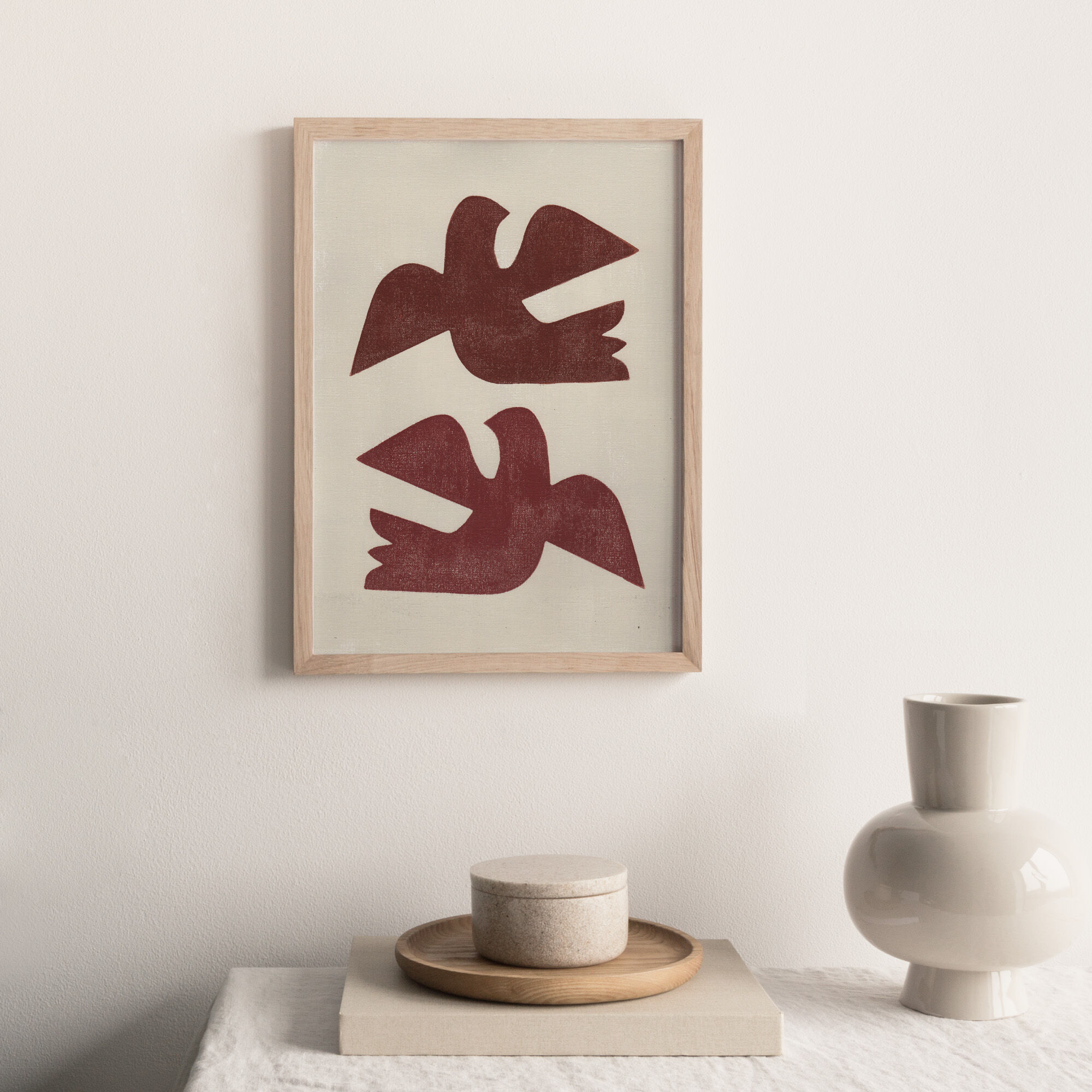 Painting on paper 30x40cm terracotta birds M756 signed Eawy