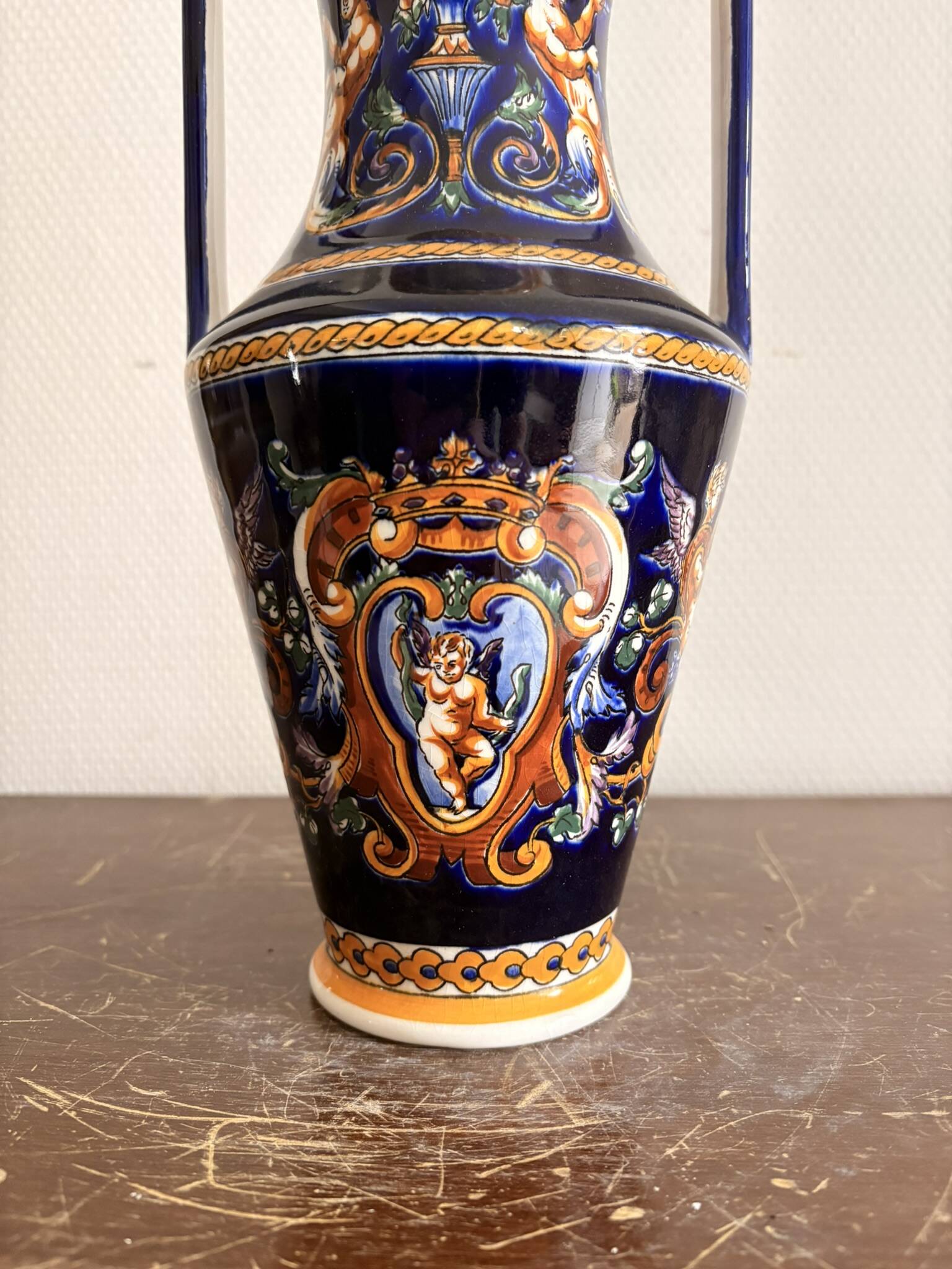 Ancient Double-Handled Vase Faience Gien Renaissance Model Italian Majolica