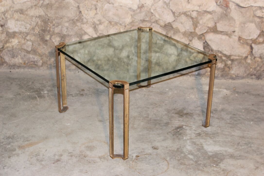 Vintage square coffee table in glass and brass by Peter Ghyzcy