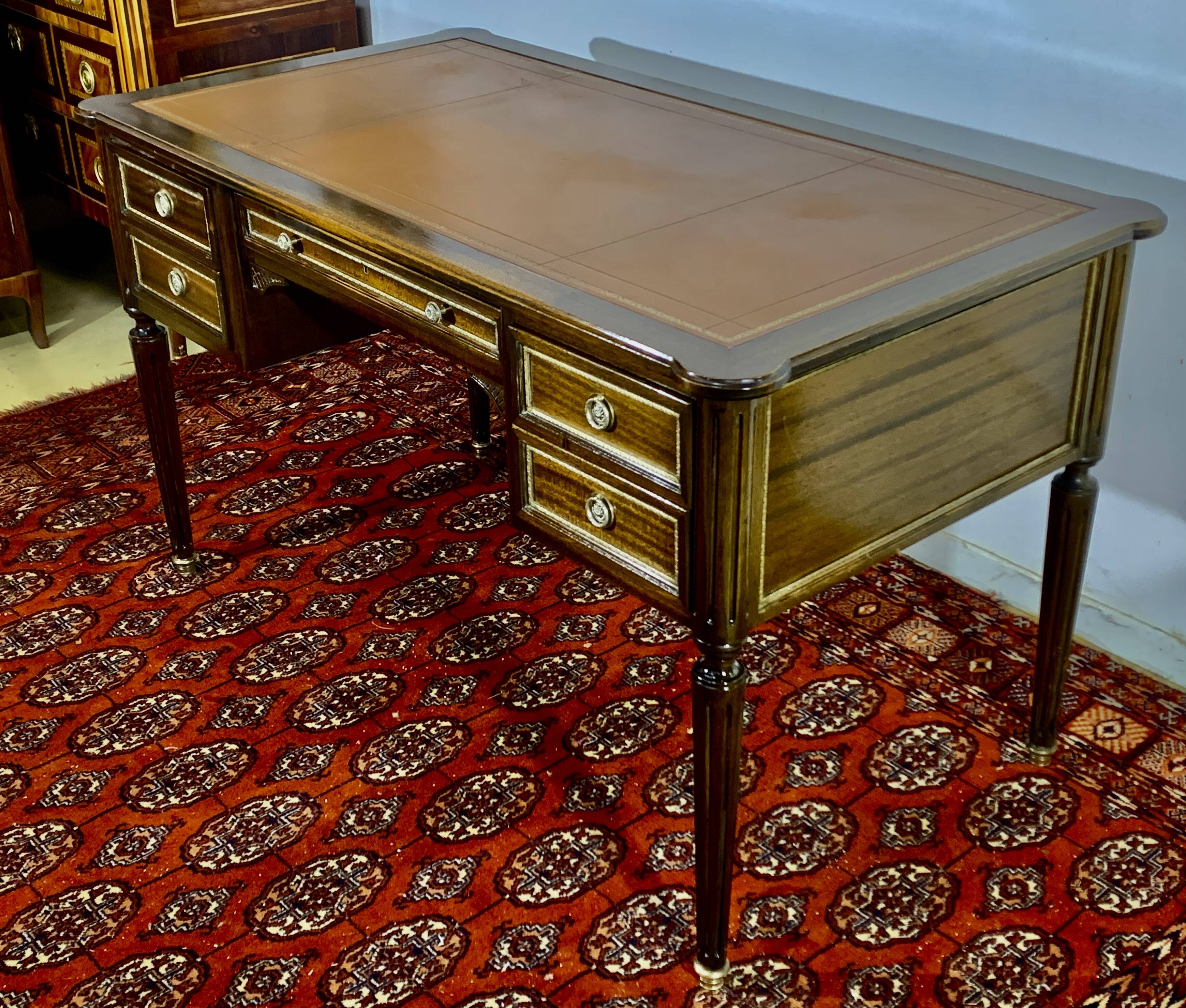 Louis XVI style desk, mahogany, tan leather