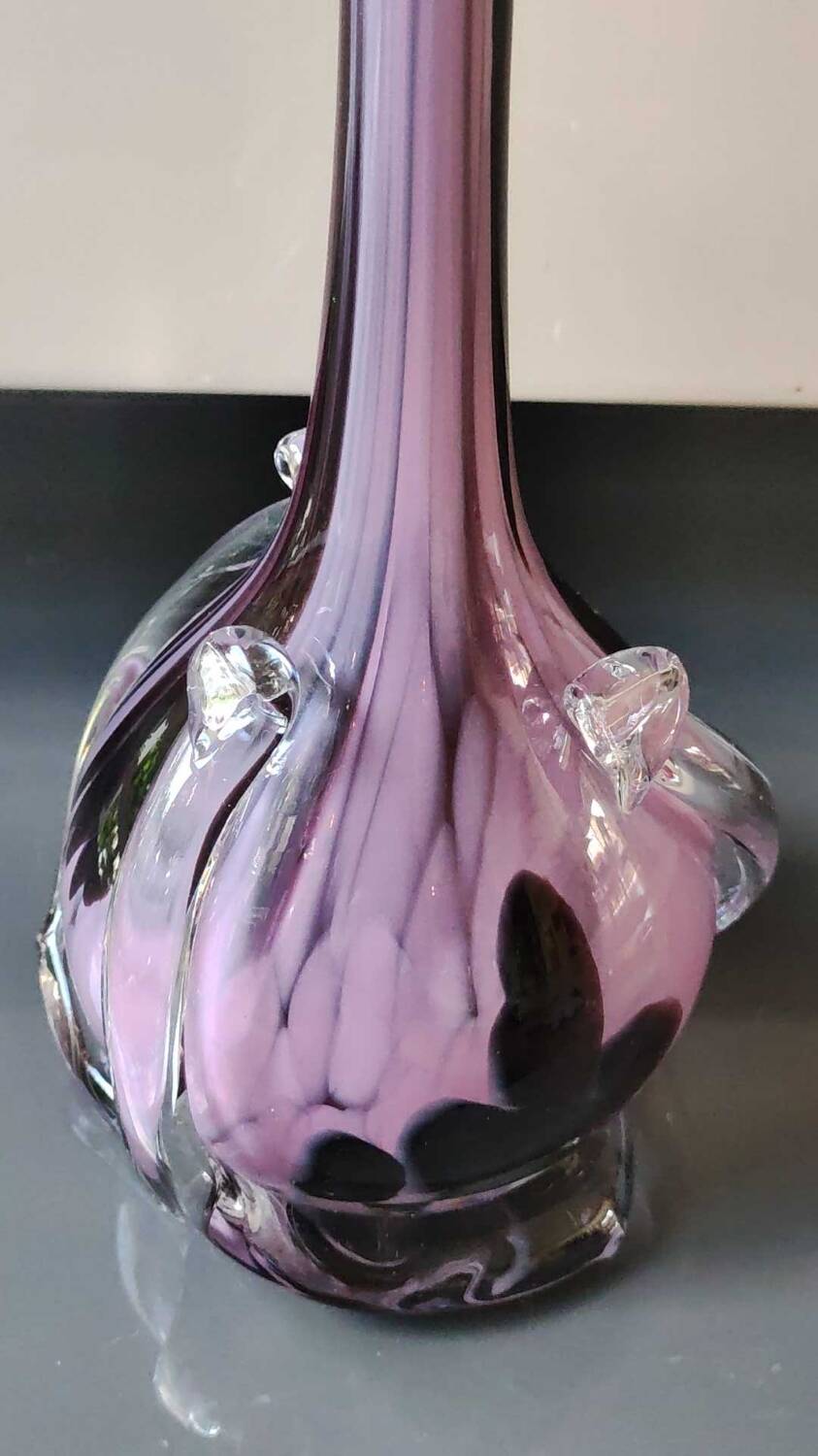 Elegant Large vase, Murano/Italy. Floral/Calla shape collar. Decorated with scrolls/lilac/plum waves. High 43 cm