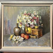 Still life with flowers and pearls signed.