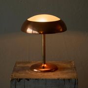 Art Deco table lamp in patinated copper, brass, and satin glass from the 1950s.