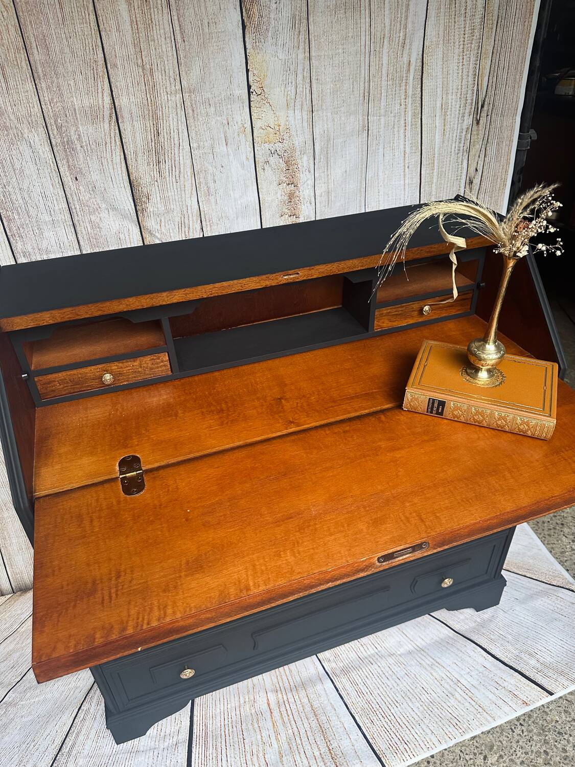 Wooden and black secretary desk