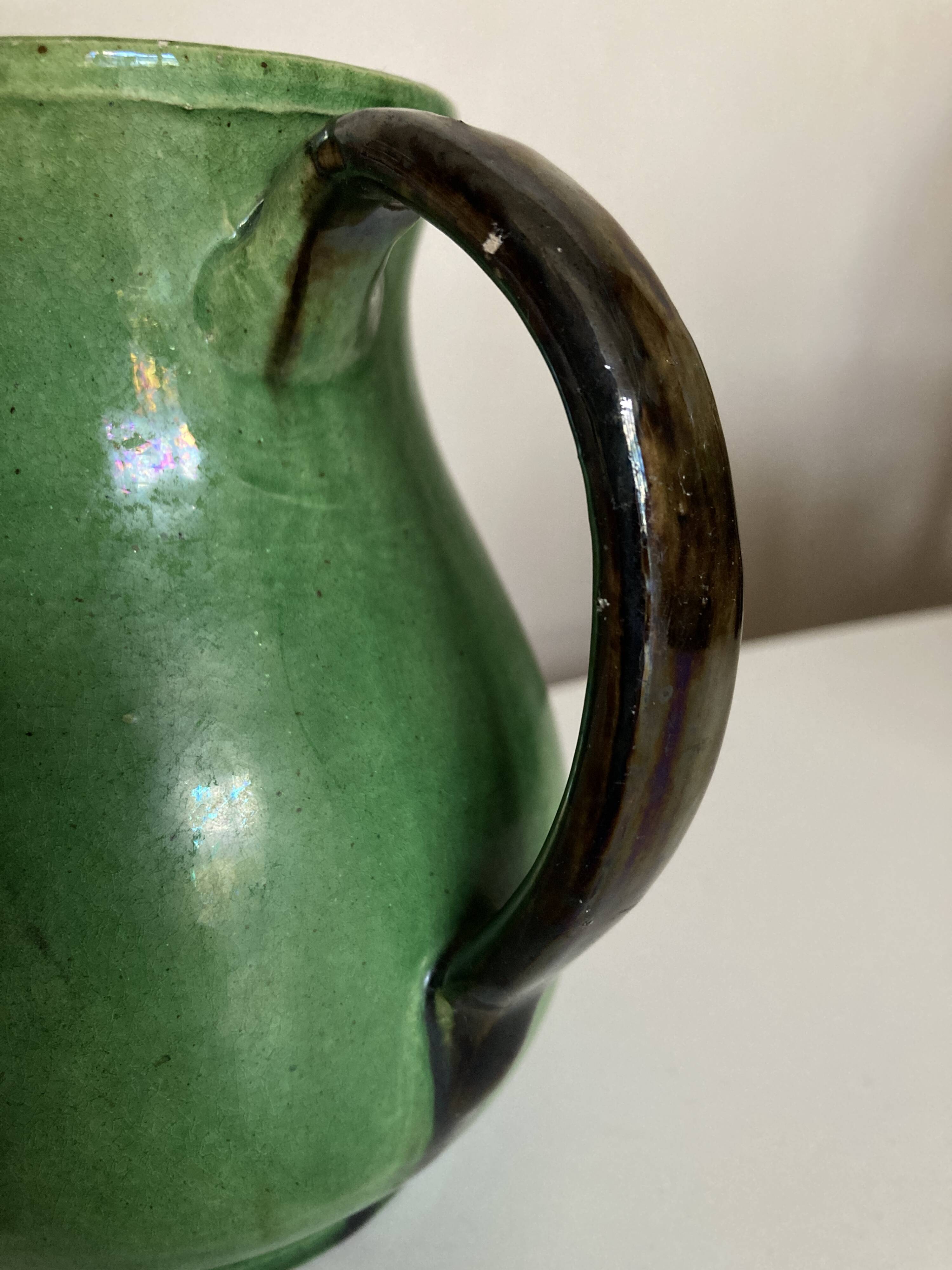 Etienne Noël pitcher vase in Dieulefit green glazed earth 1940