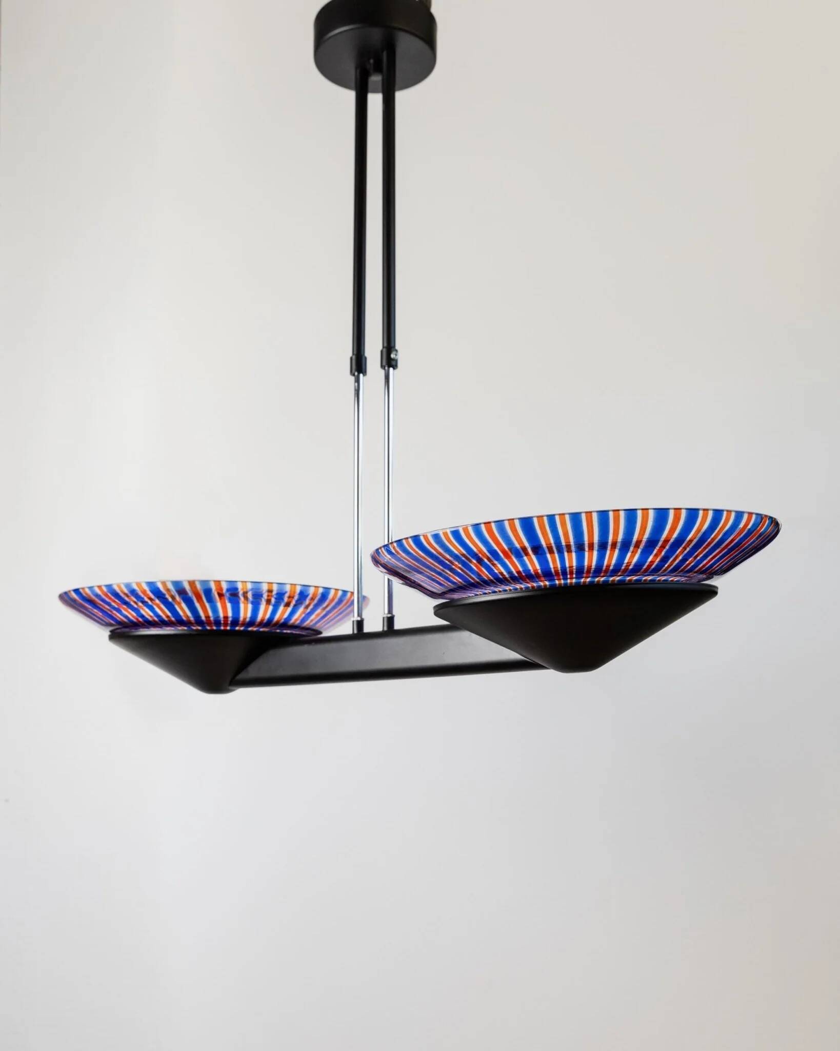 XXL vintage Murano glass chandelier - blue and red striped glass, black metal - Italy, Memphis style, 1980s