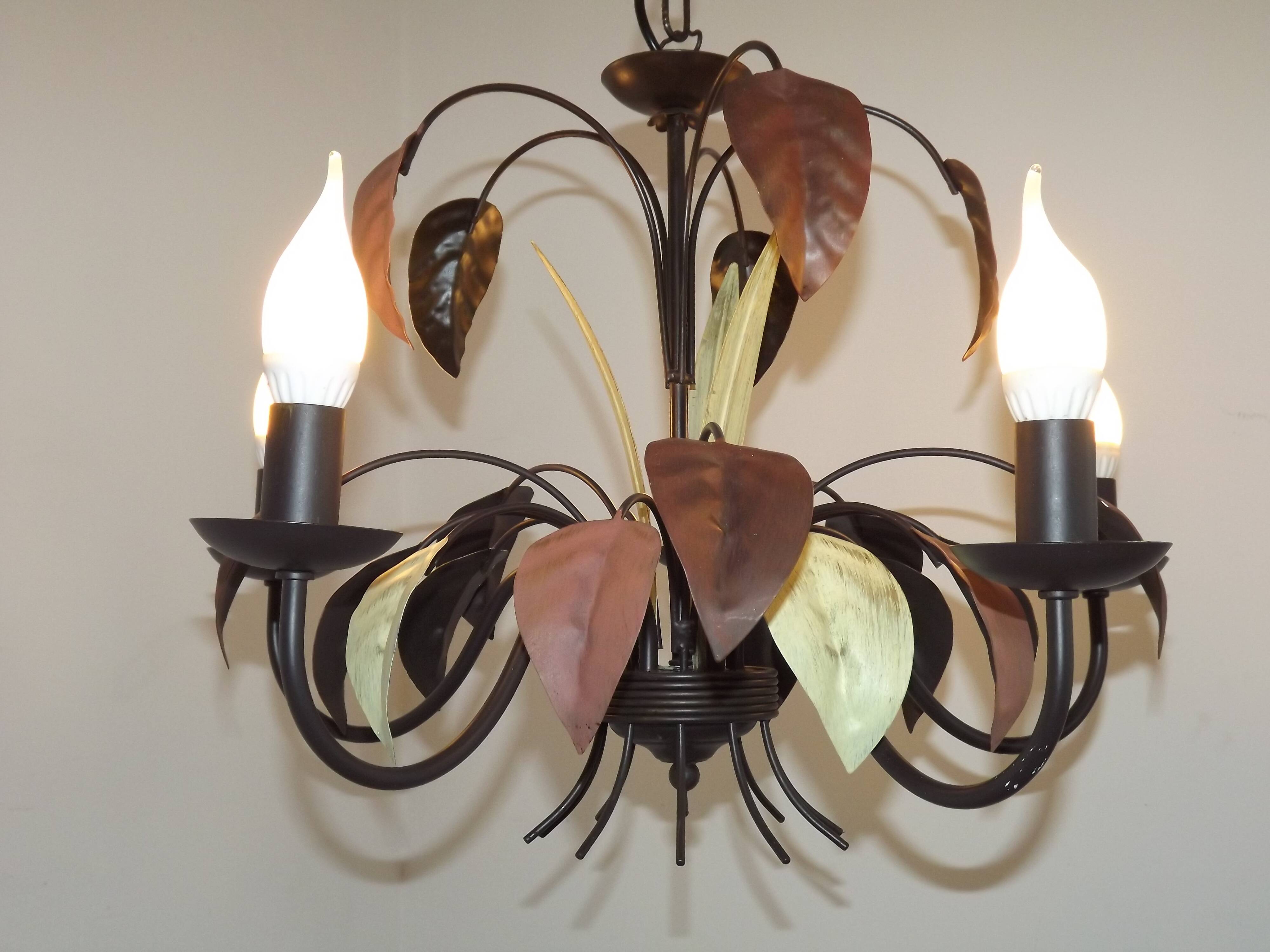 French Vintage 5 Light Brown & Green Tied Boquet Leaf Chandelier