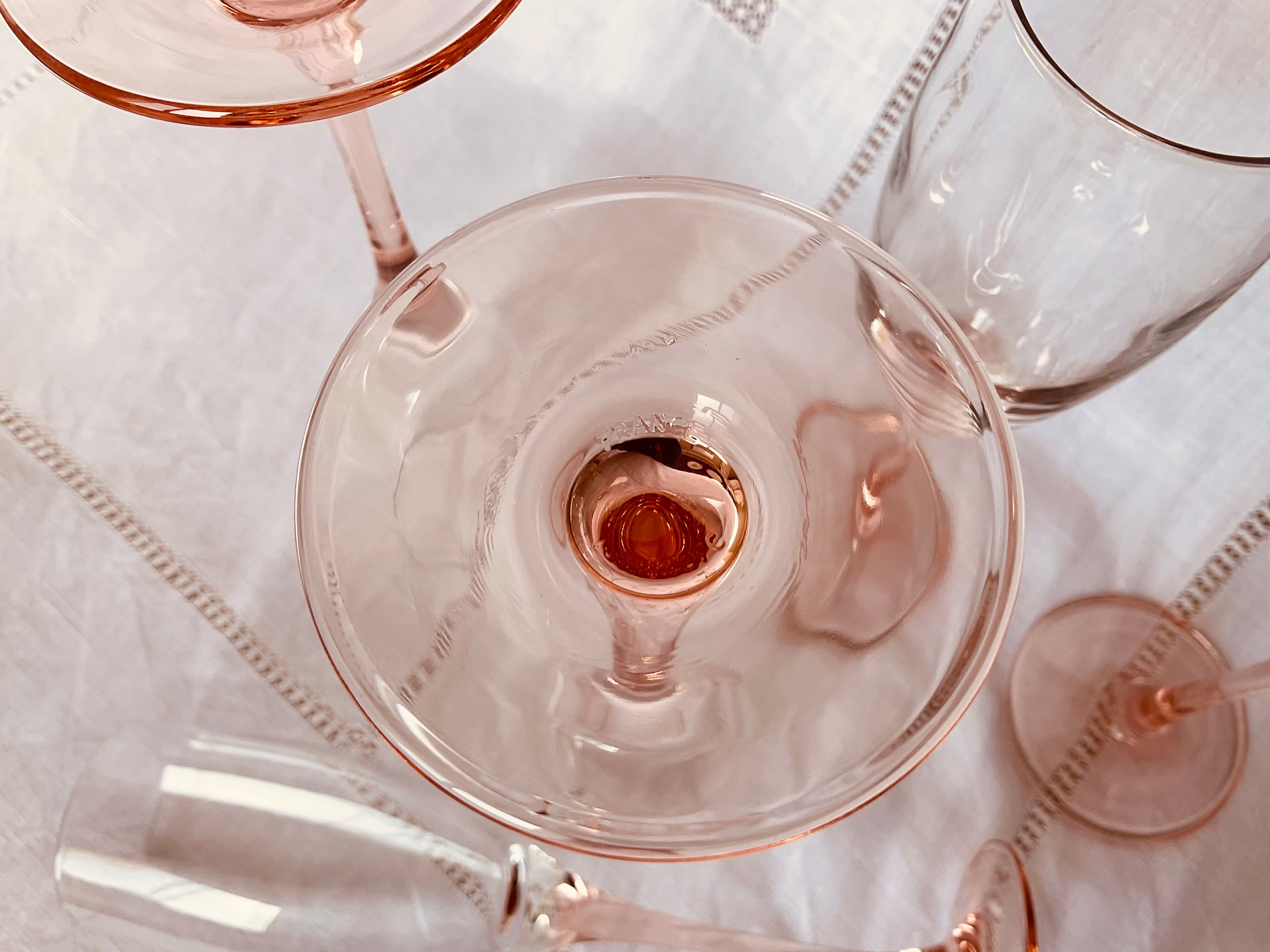 6 champagne flutes, pink walking glasses, Luminarc 70s