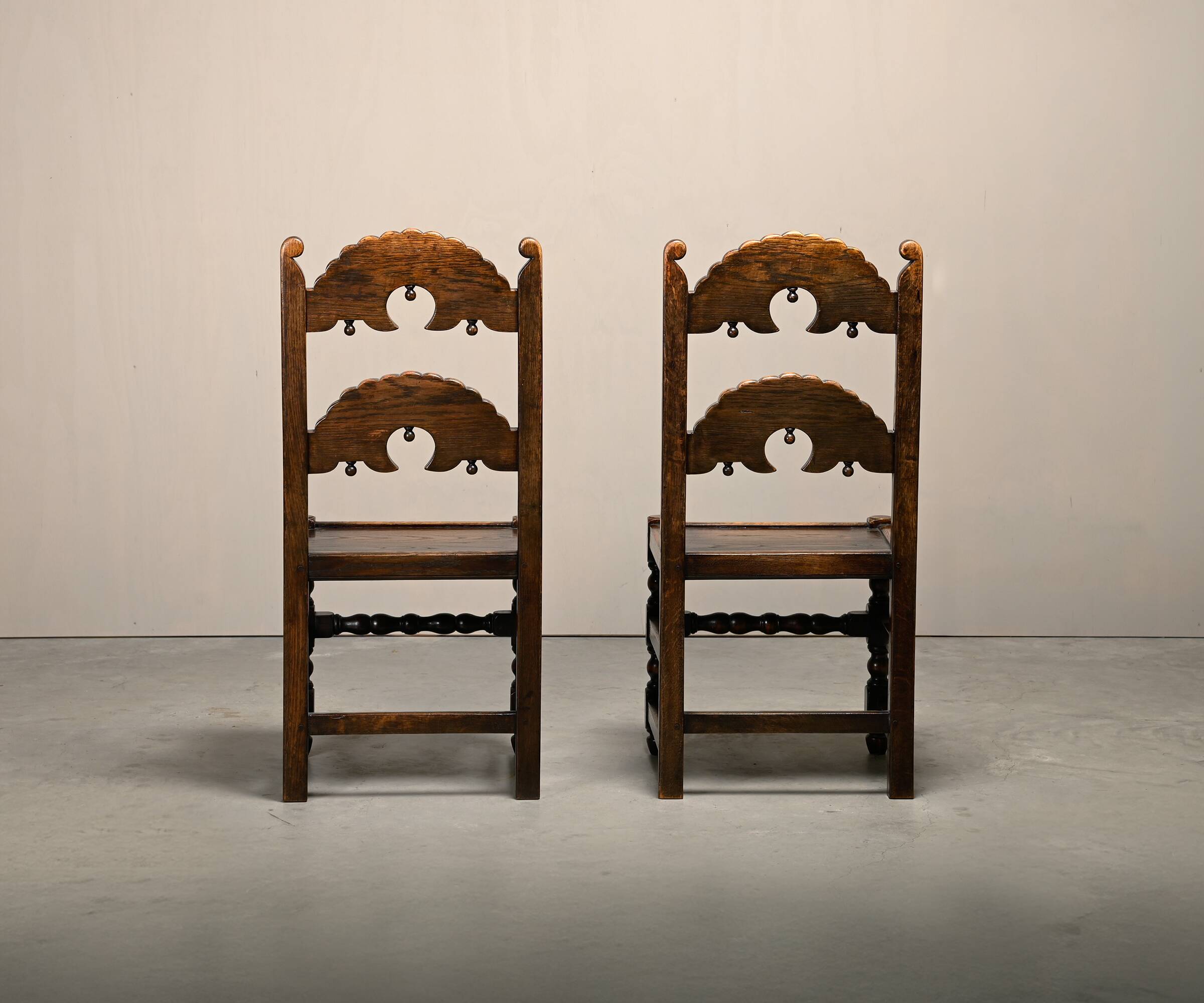 Pair Antique Yorkshire Back Stools / Side Chairs solid Oak, England 18th Ce