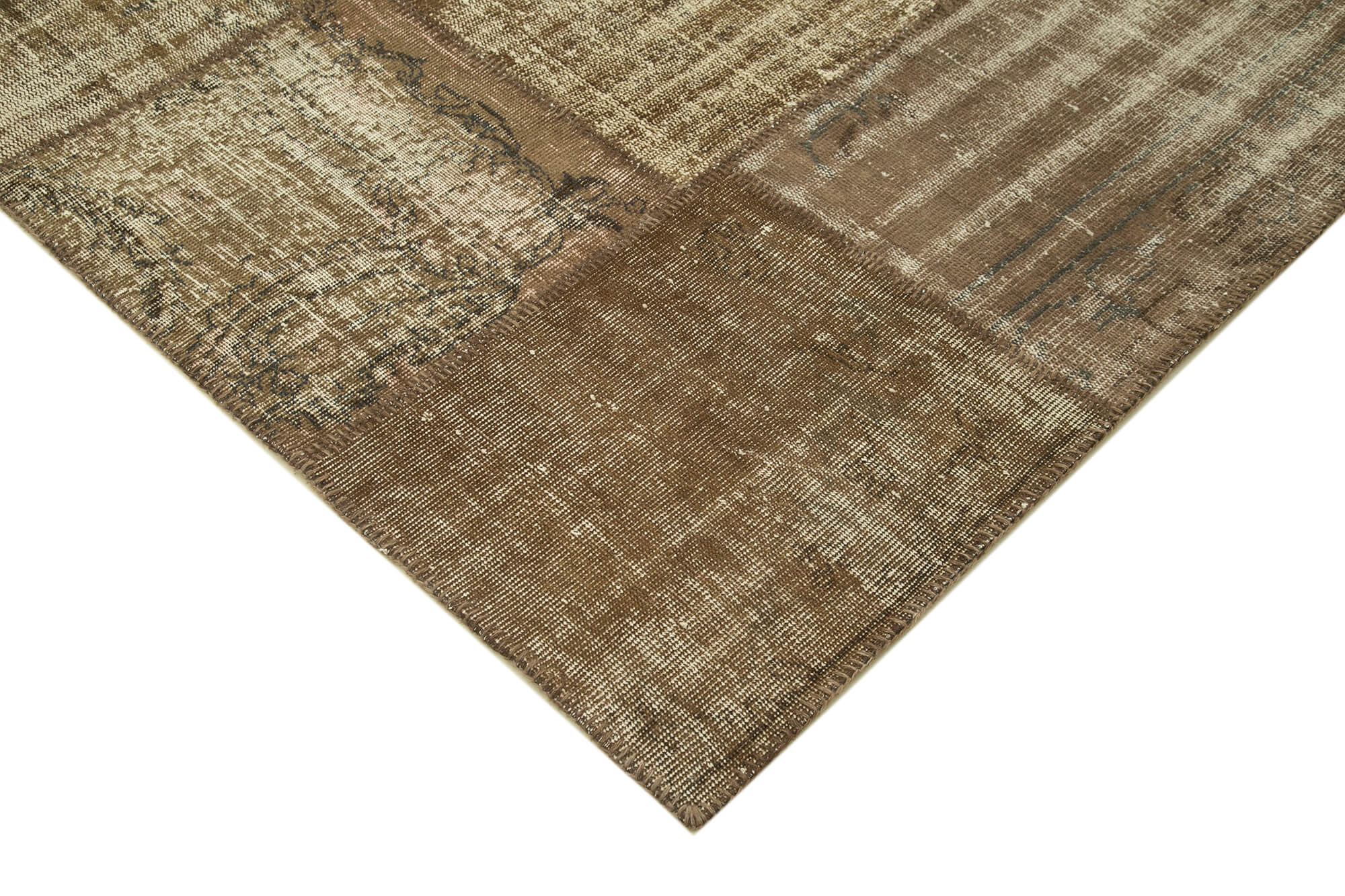Handmade anatolian overdyed 196 cm x 302 cm brown patchwork carpet