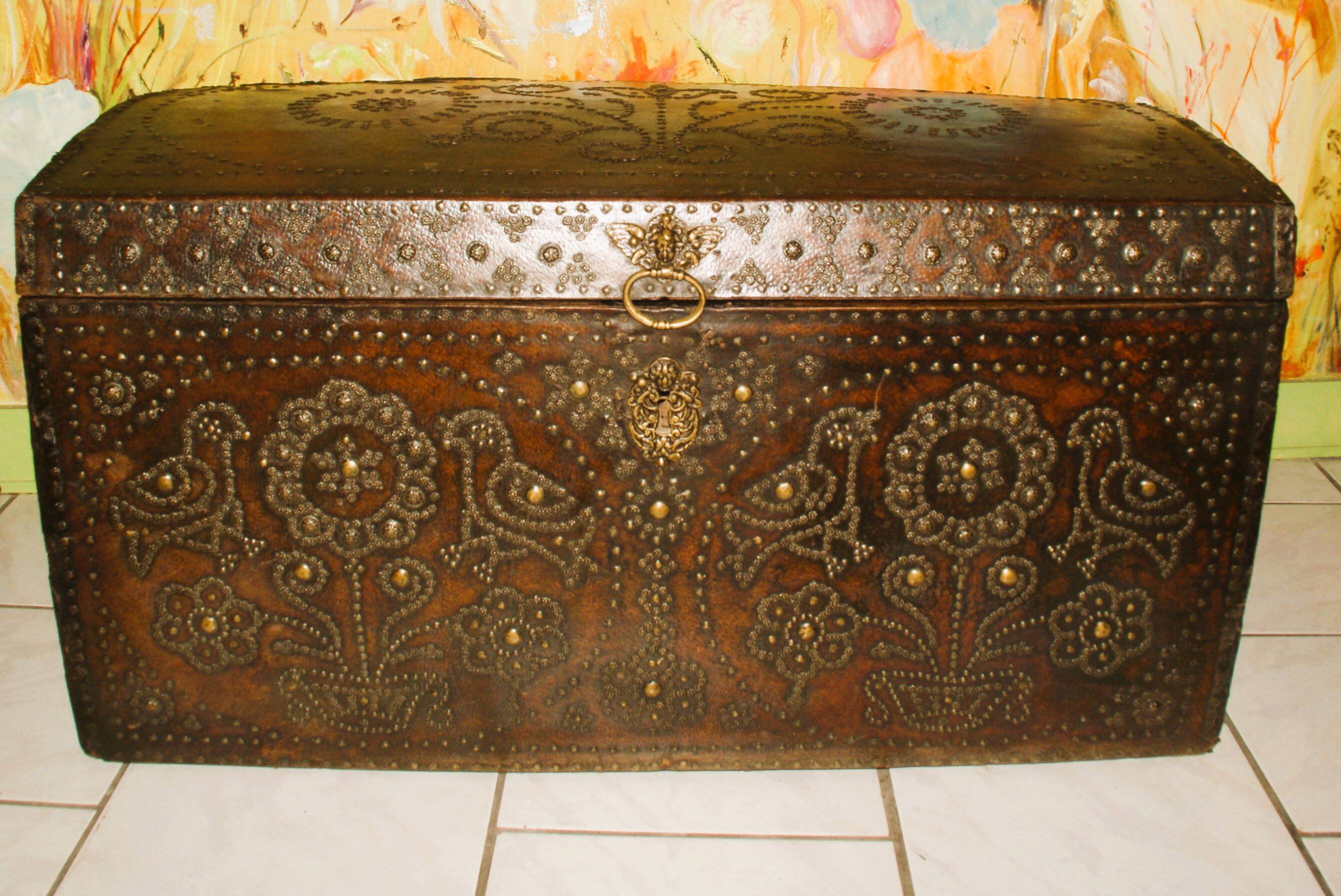 17th century studded leather travel trunk, richly decorated