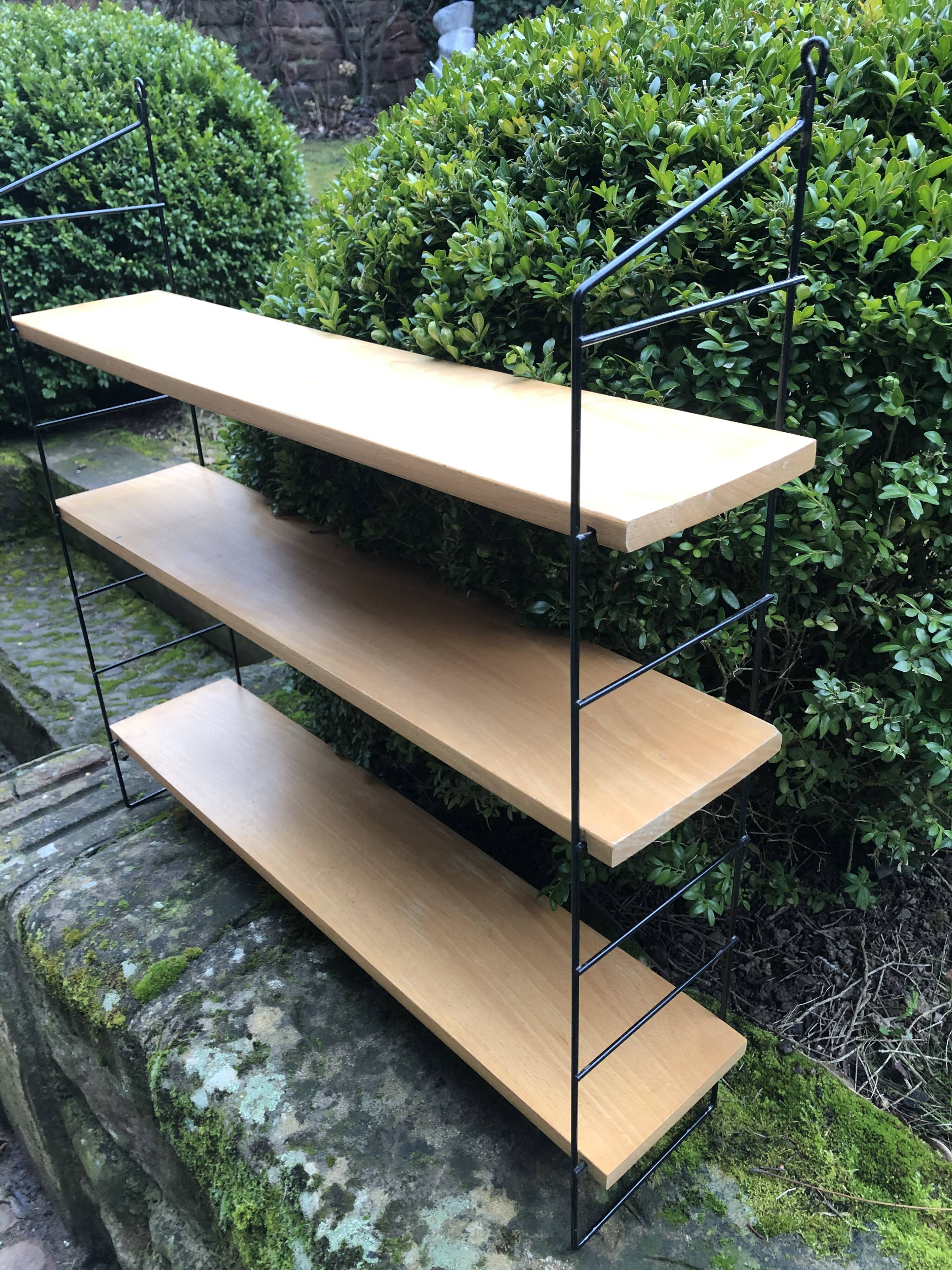 Wall shelf String lacquered metal black and light wood 1960